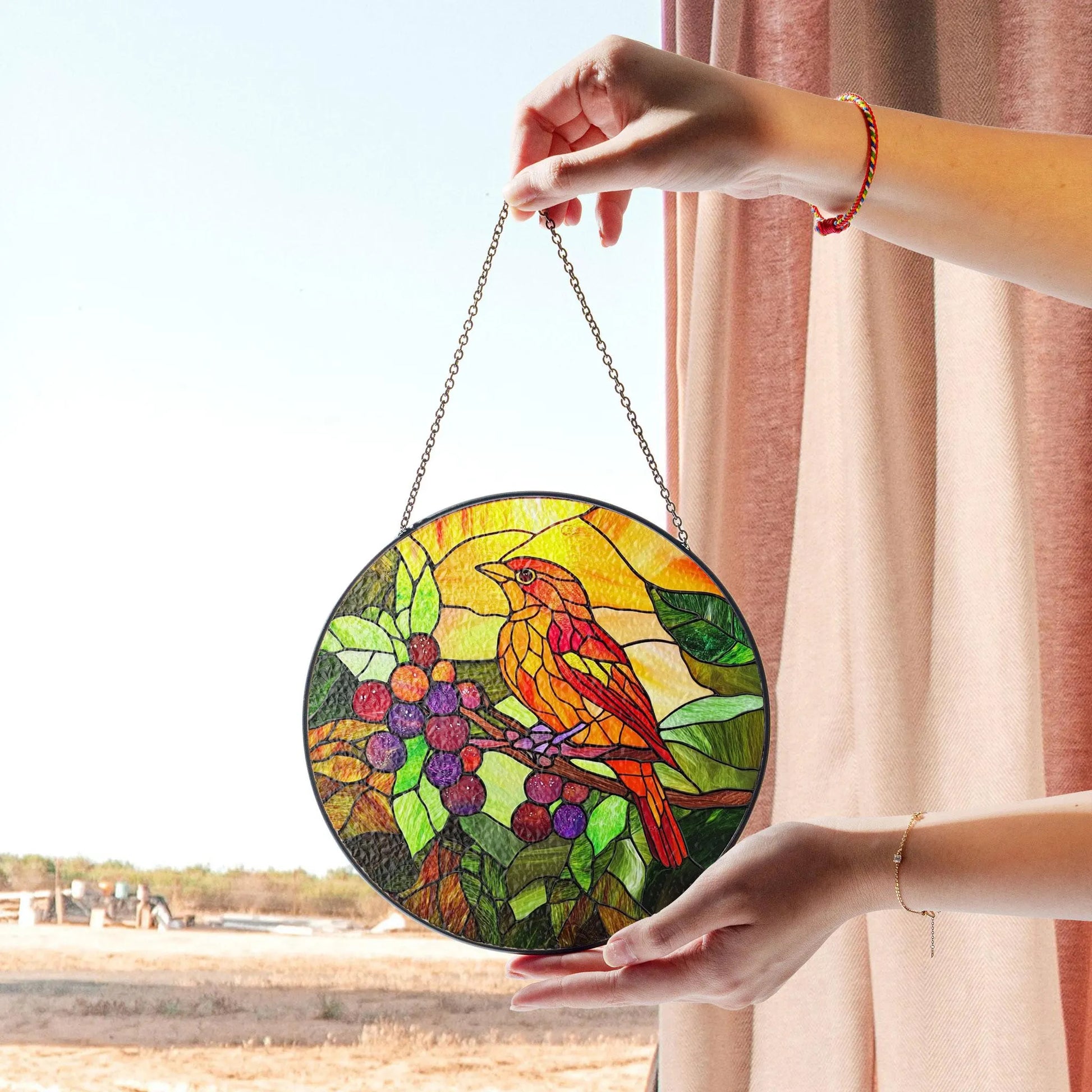 Vibrant Bird and Berry Stained Glass Design - Nature-inspired Circular Window Hanging, Acrylic Light Catcher Window Hanging, Stained Glass Style Ornament, Artistic Home Decor Gift