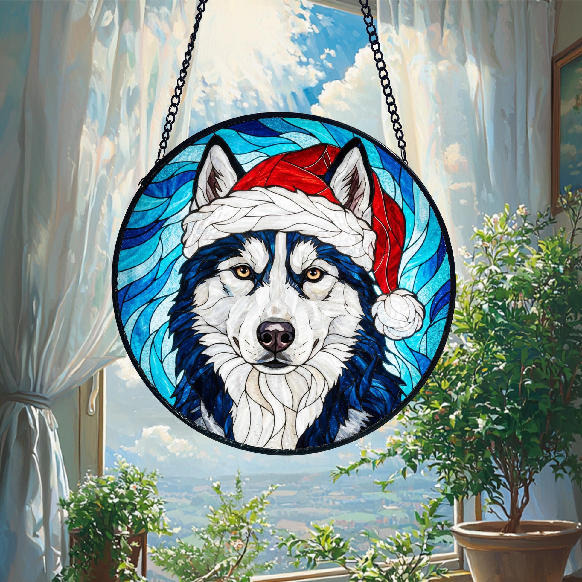 Husky Christmas Suncatcher_ Santa Hat Dog Stained Glass Ornament, Acrylic Stained Glass Window Art, Handmade Sun Catcher Hanging Decor, Colorful Light Reflecting Panel, Unique Gift for Home