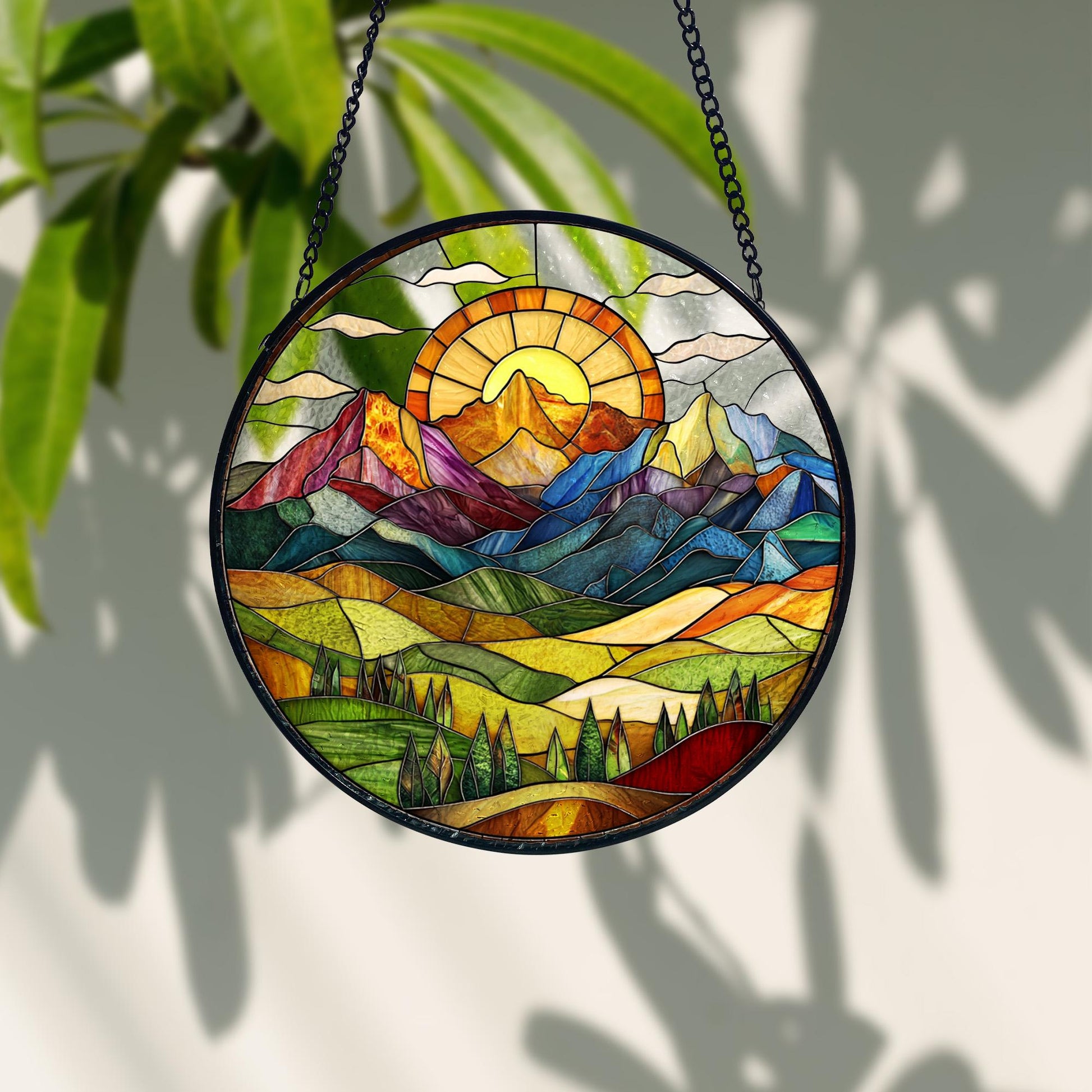 Handmade Mountain Sunset Stained Glass Suncatcher_ Nature Window Decor, Stained Glass Acrylic Suncatcher, Vibrant Window Hanging Art, Colorful Light Catcher Decor, Boho Window Ornament, Unique Home Gift