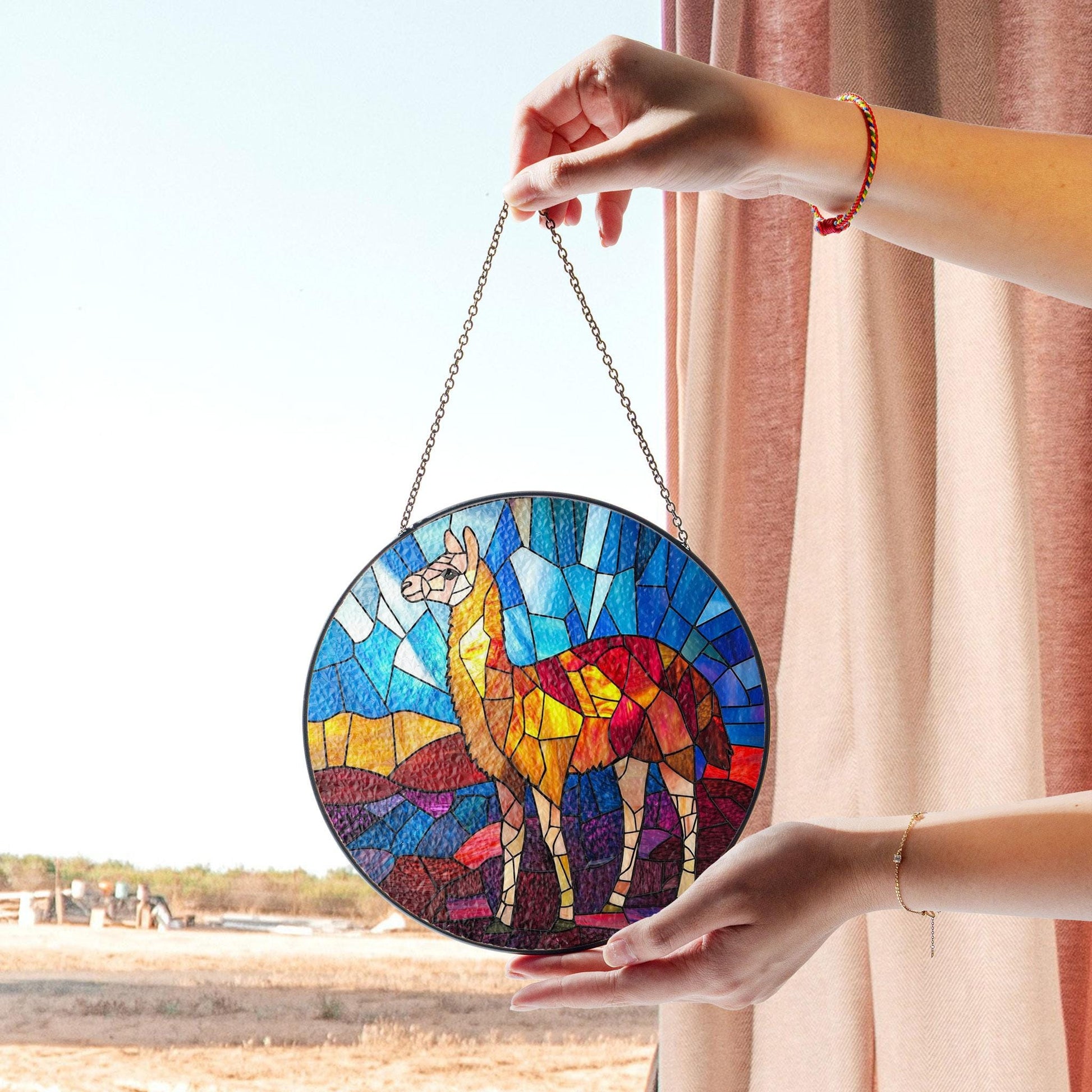 Llama Stained Glass Window Hanging - Vibrant Wildlife Art Decor, Stained Glass Inspired Suncatcher, Acrylic Window Hanging Art, Colorful Light Catcher, Handmade Gift for Home