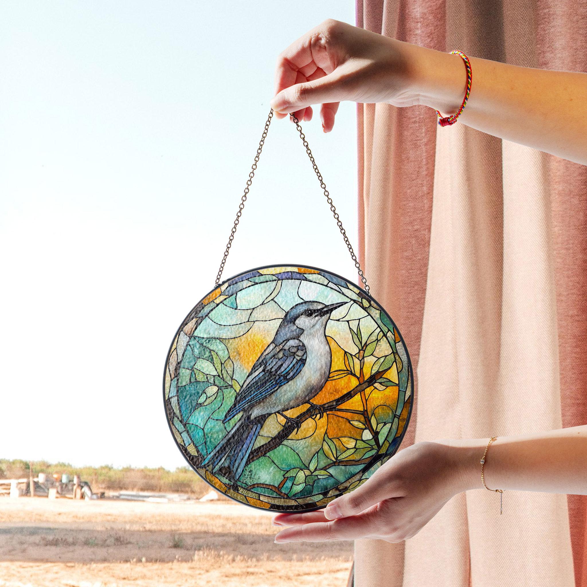 Mockingbird Stained Glass Window Panel With Vibrant Yellow and Green Background, Perfect Nature-inspired Home Decor or Gift , Colorful Acrylic Light Catcher, Stained Glass Effect Suncatcher, Handmade Window Decoration Gift