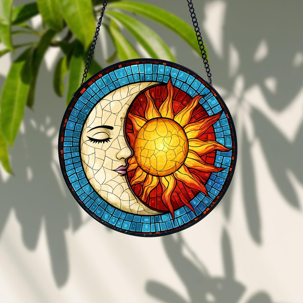 Handmade Sun and Moon Stained Glass Suncatcher_ Celestial Window Decor, Handcrafted Stained Glass Suncatcher, Vibrant Window Art Panel, Sunlit Light Catcher Decoration, Boho Room Decor, Gift for Home Lovers