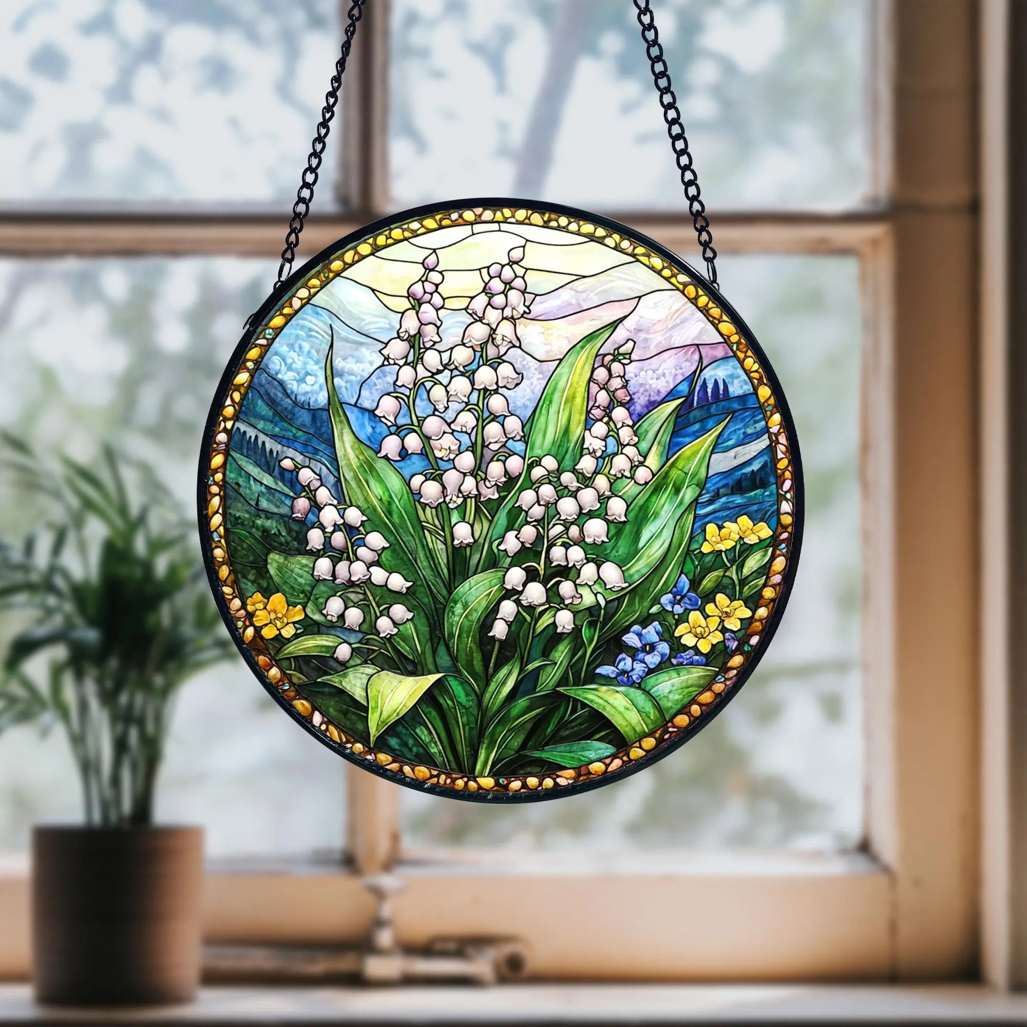 Lily of the Valley Stained Glass Suncatcher_ Floral Window Hanging, Acrylic Stained Glass Window Art, Handmade Sun Catcher Hanging Decor, Colorful Light Reflecting Panel, Unique Gift for Home