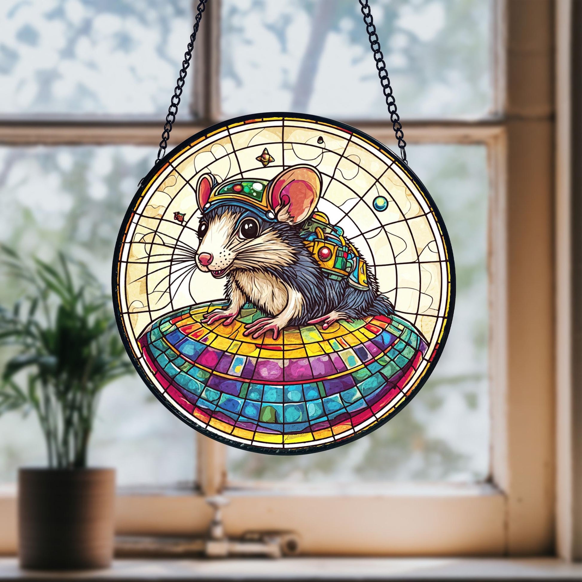 UFO Abduction Opossum Stained Glass Suncatcher, Decorative Stained Glass Style Suncatcher, Acrylic Window Art Panel, Sun Catcher Hanging Ornament, Unique Home Accent, andmade Home Decoration