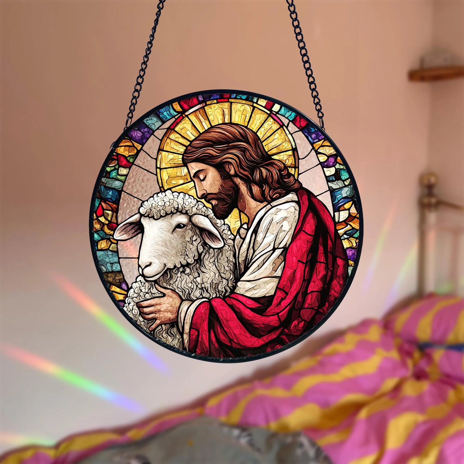 Handmade Stained Glass Suncatcher_ Jesus Leaves the 99, Christian Decor, Handcrafted Stained Glass Suncatcher, Vibrant Window Art Panel, Sunlit Light Catcher Decoration, Boho Room Decor, Gift for Home Lovers