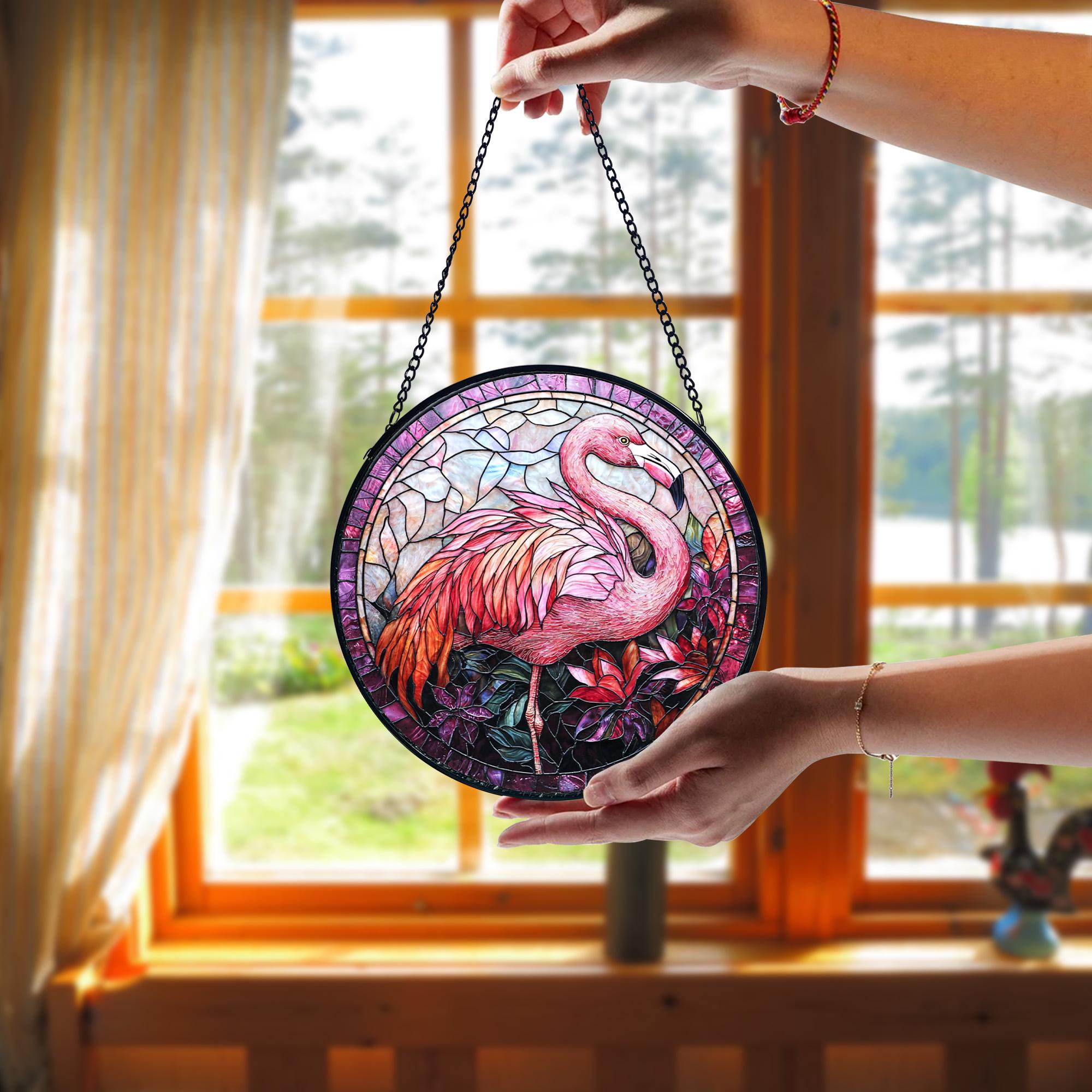Handcrafted Pink Flamingo Stained Glass Suncatcher_ Tropical Home Decor, Stained Glass Style Window Hanging Colorful Sun Catcher Ornament, Boho Window Decoration, Unique Gift