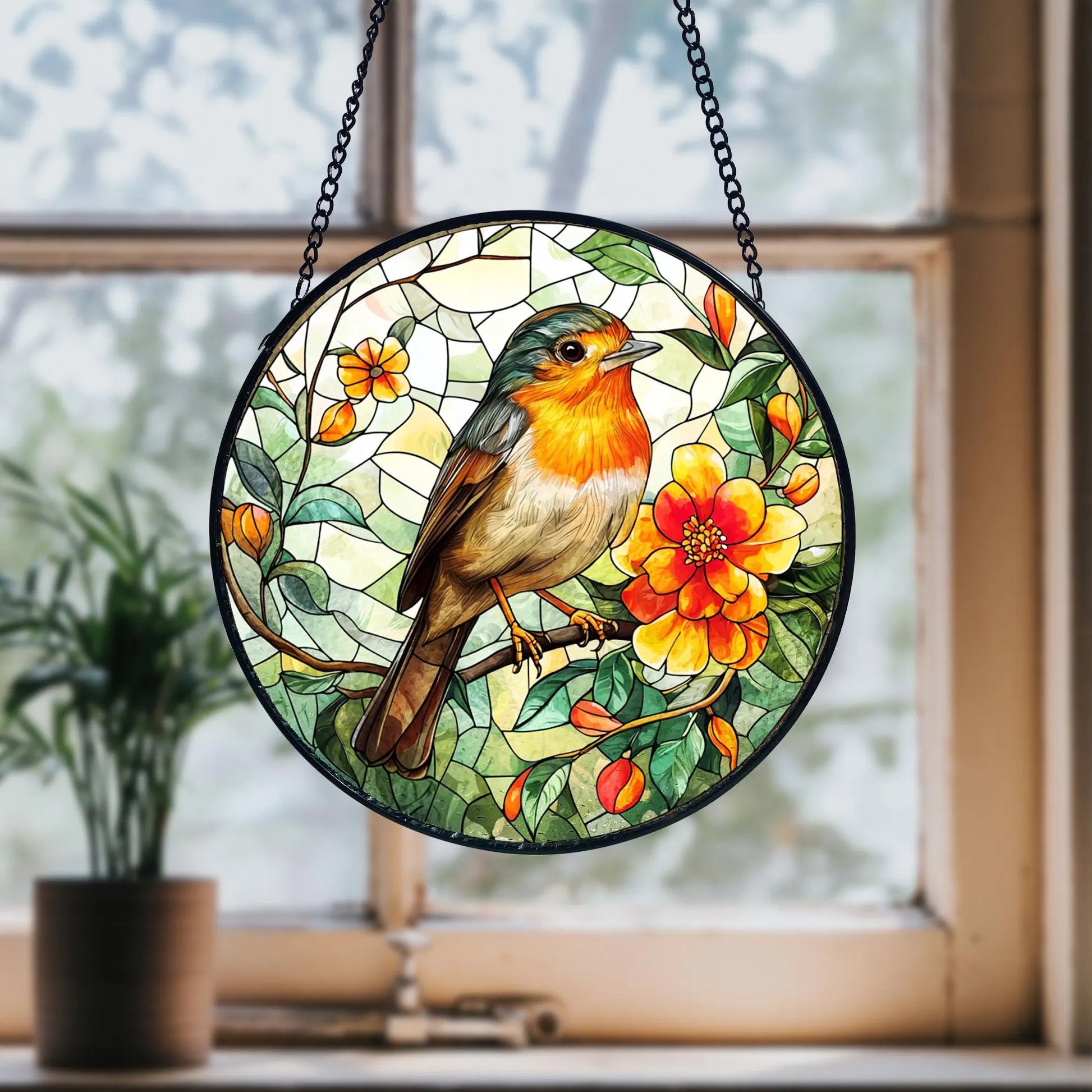 Robin Bird Stained Glass Suncatcher_ Floral Window Hanging, Artistic Stained Glass Acrylic Panel, Window Light Catcher Hanging, Colorful Home Decor Accent, Handmade Gift for Any Occasion