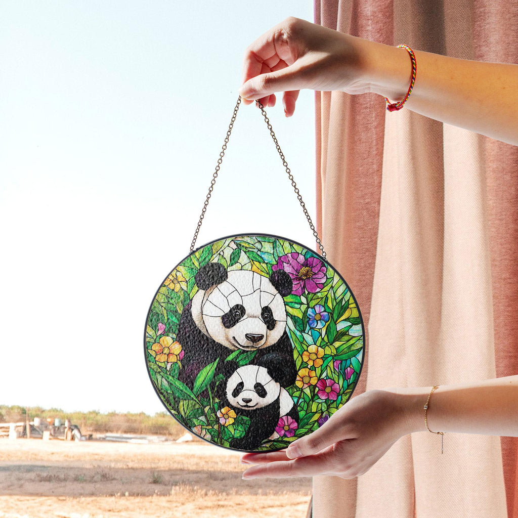 Panda Family Stained Glass Panel - Vibrant Floral and Bamboo Wildlife Circular Window Hanging, Acrylic Stained Glass Style Sun Catcher, Handmade Decorative Window Hanging, Vibrant Home Ornament, Stained Glass Window Art, Sunlit Home Accent Gift