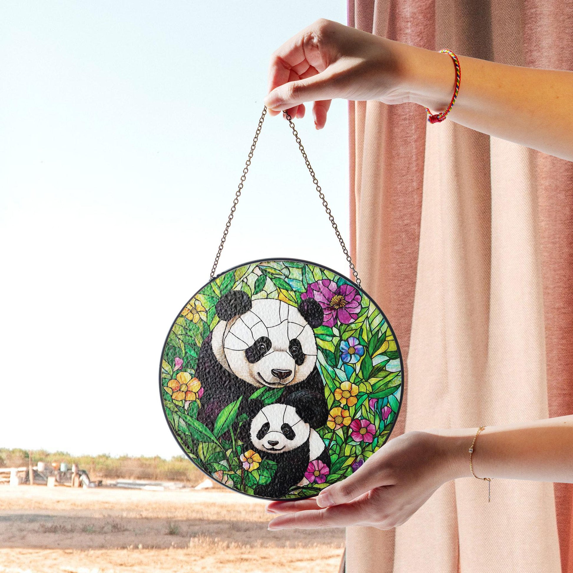 Panda Family Stained Glass Panel - Vibrant Floral and Bamboo Wildlife Circular Window Hanging, Acrylic Stained Glass Style Sun Catcher, Handmade Decorative Window Hanging, Vibrant Home Ornament, Stained Glass Window Art, Sunlit Home Accent Gift