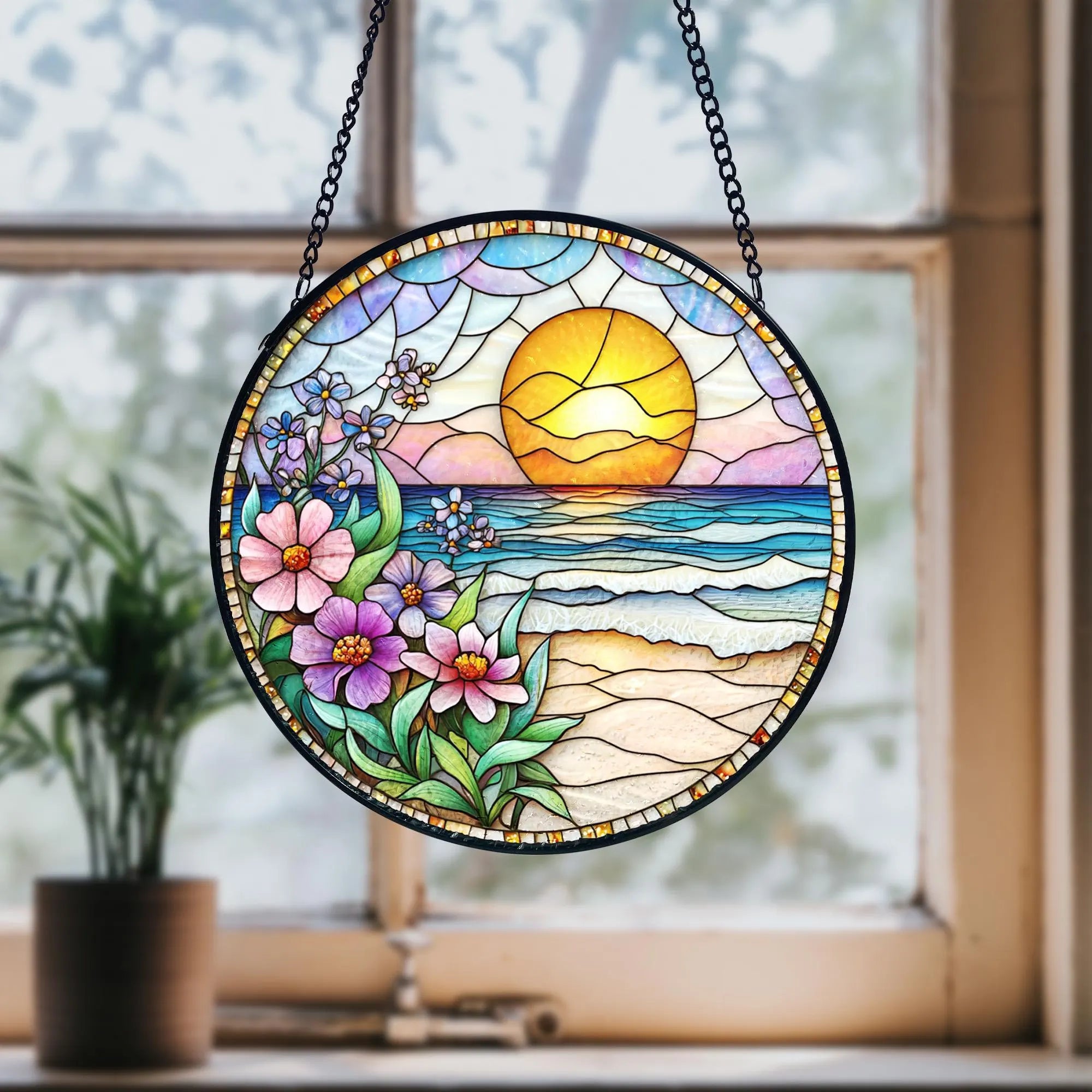 Handmade Beach Sunset Stained Glass Window Hanging_ Coastal Decor, Stained Glass Suncatcher Window Hanging, Handmade Glass Art Decor, Colorful Sun Catcher Ornament, Boho Window Decoration, Unique Gift