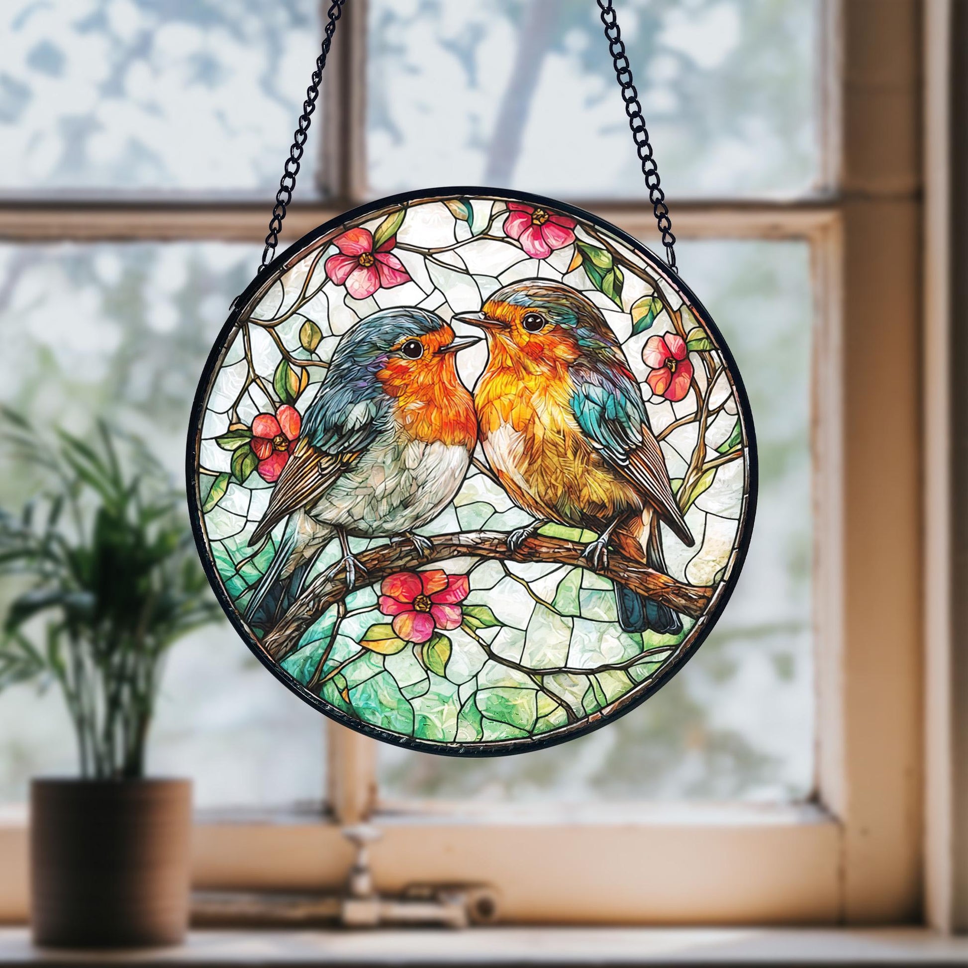 Robin Couple Stained Glass Suncatcher_ Romantic Bird Window Hanging, Artistic Stained Glass Acrylic Panel, Window Light Catcher Hanging, Colorful Home Decor Accent, Handmade Gift for Any Occasion