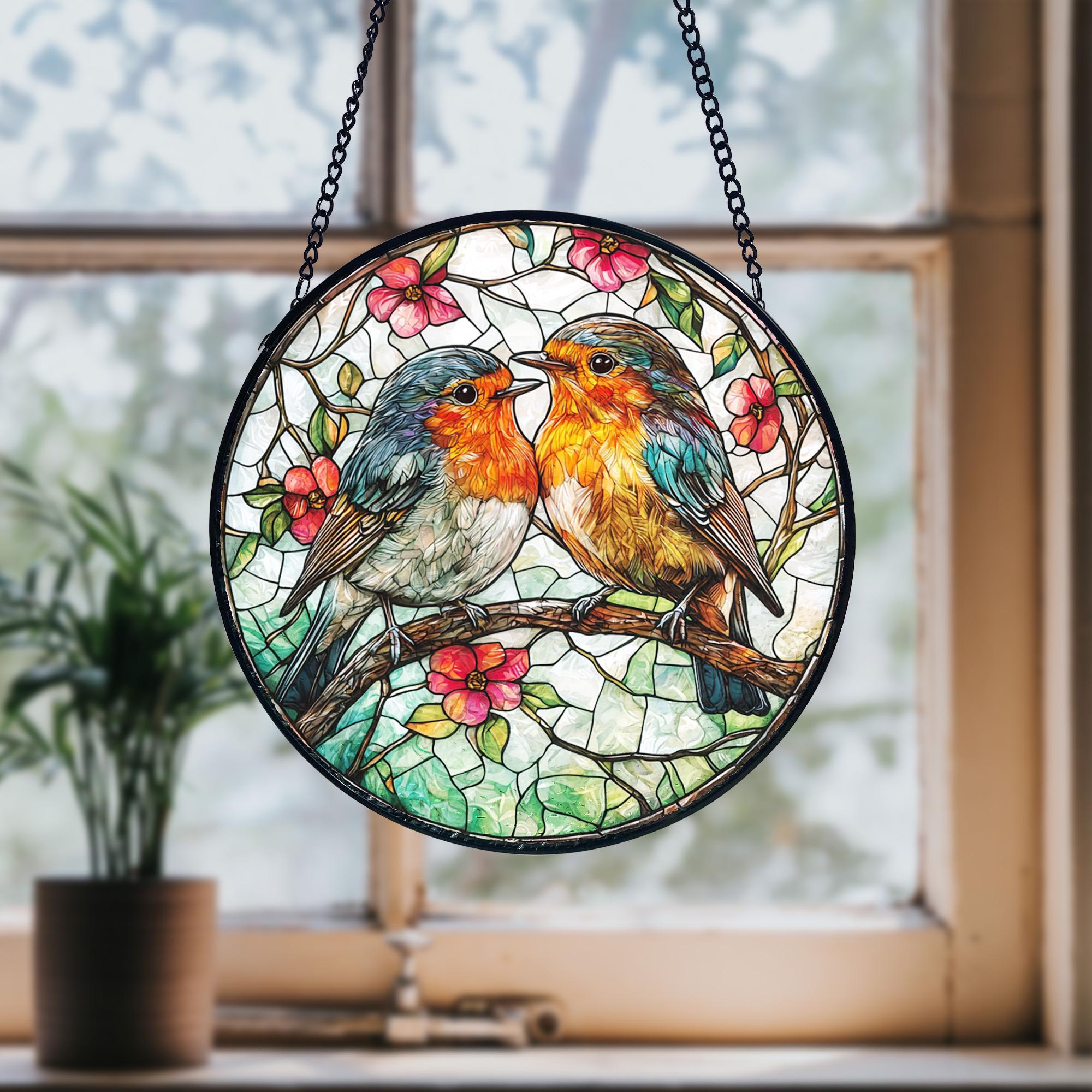 Robin Couple Stained Glass Suncatcher_ Romantic Bird Window Hanging, Artistic Stained Glass Acrylic Panel, Window Light Catcher Hanging, Colorful Home Decor Accent, Handmade Gift for Any Occasion