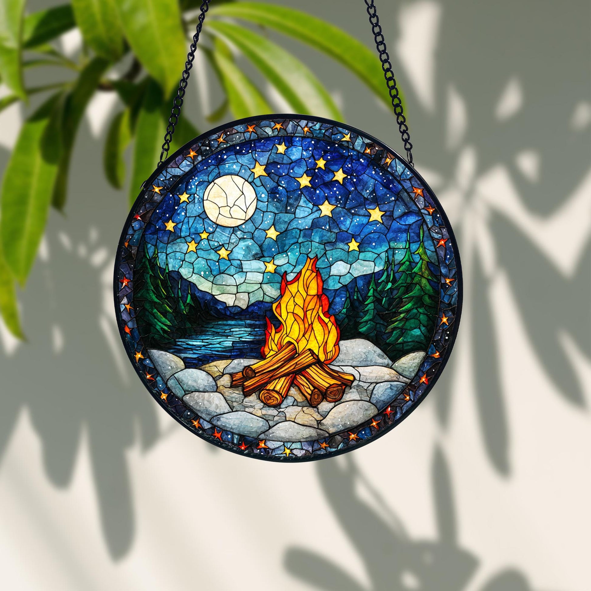 Handmade Starry Campfire Faux Stained Glass Suncatcher_ Rustic Outdoor Decor, Handcrafted Stained Glass Suncatcher, Vibrant Window Art Panel, Sunlit Light Catcher Decoration, Boho Room Decor, Gift for Home Lovers