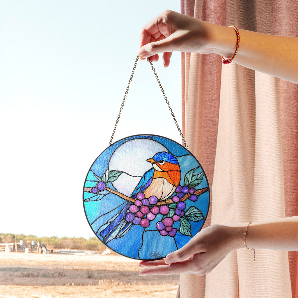 Stained Glass Bluebird and Berries Suncatcher – Nature-inspired Window Hanging Art With Vibrant Colors, Colorful Stained Glass Effect Suncatcher, Acrylic Window Hanging Art, Bright Home Accent, Gift for Home Lovers