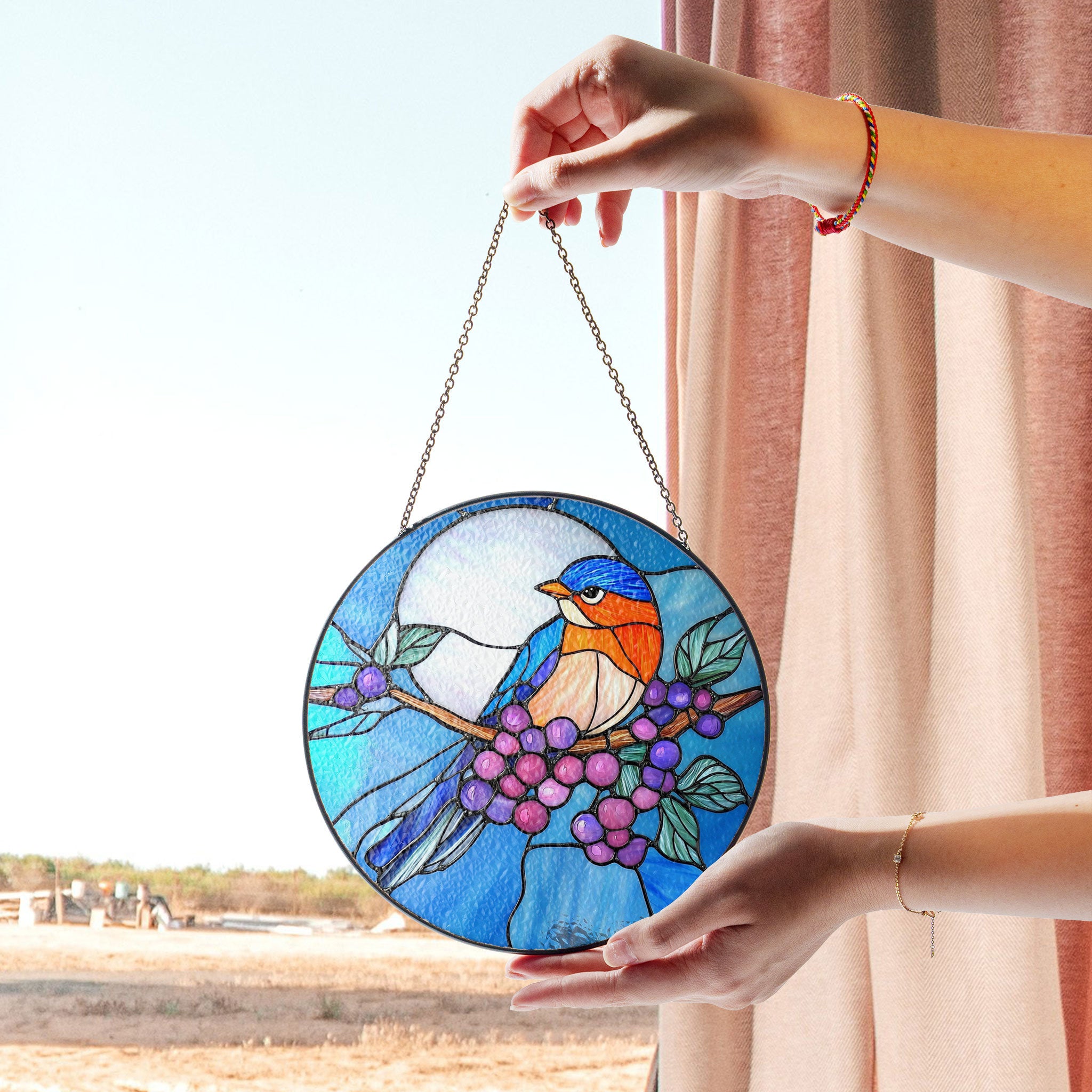 Stained Glass Bluebird and Berries Suncatcher – Nature-inspired Window Hanging Art With Vibrant Colors, Colorful Stained Glass Effect Suncatcher, Acrylic Window Hanging Art, Bright Home Accent, Gift for Home Lovers