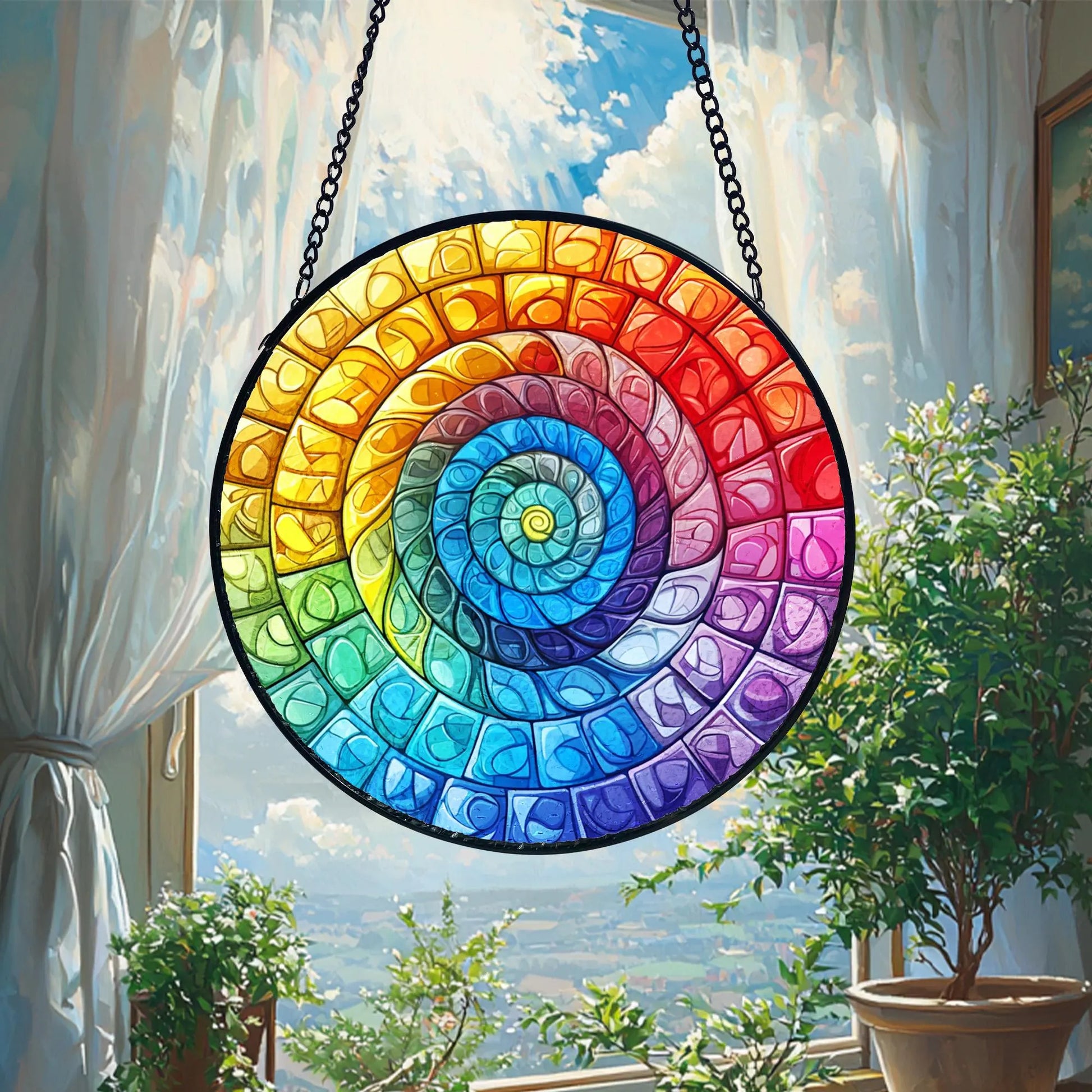 Rainbow Spiral Stained Glass Suncatcher_ Handmade Window Hanging, Artistic Stained Glass Acrylic Panel, Window Light Catcher Hanging, Colorful Home Decor Accent, Handmade Gift for Any Occasion
