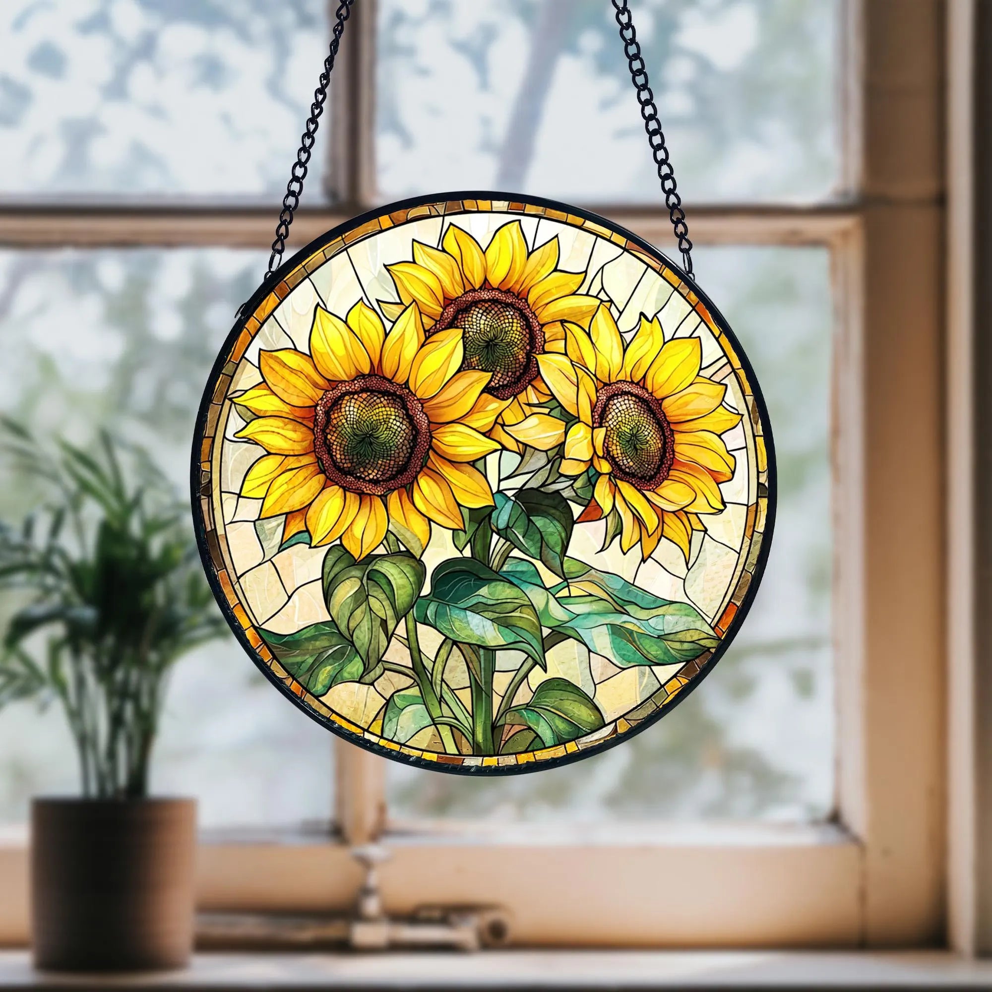 Handmade Sunflower Stained Glass Suncatcher_ Nature-inspired Window Decor, Handcrafted Stained Glass Suncatcher, Vibrant Window Art Panel, Sunlit Light Catcher Decoration, Boho Room Decor, Gift for Home Lovers