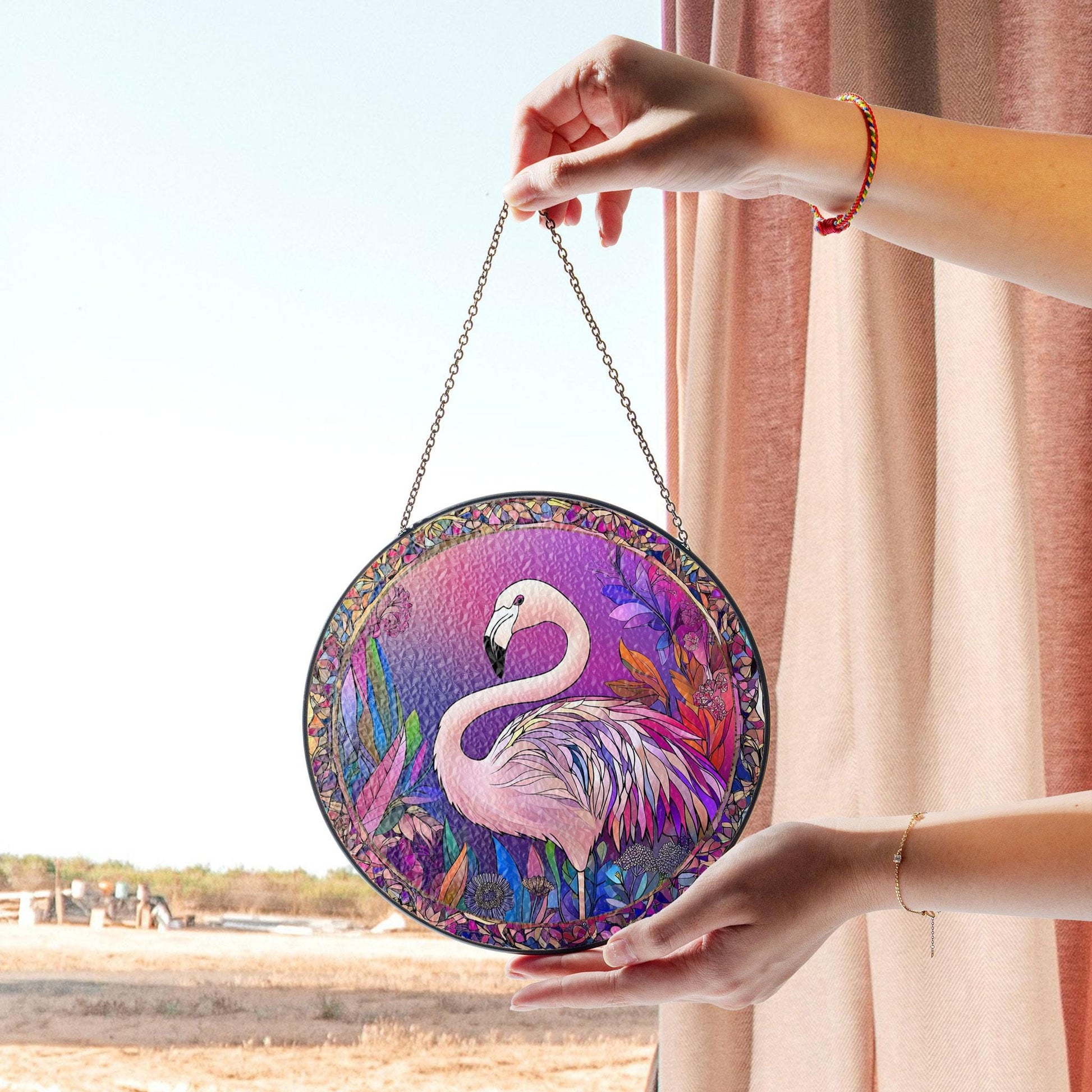 Stunning Pink Flamingo Stained Glass Window Panel With Vibrant Floral Design for Tropical Home Decor, Stained Glass Inspired Suncatcher, Acrylic Window Hanging Art, Colorful Light Catcher, Handmade Gift for Home