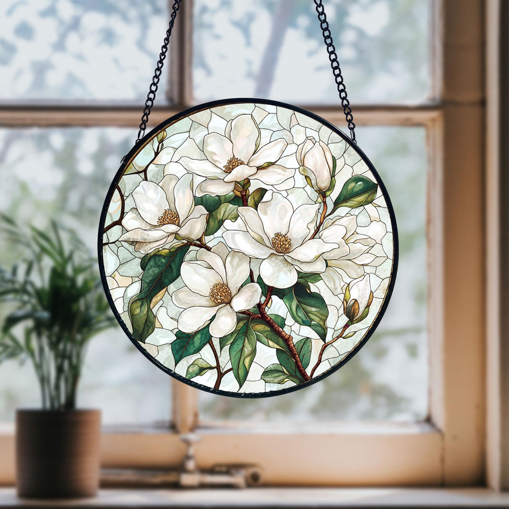 Handmade Stained Glass White Magnolia Suncatcher_ Floral Window Hanging, Handcrafted Stained Glass Suncatcher, Vibrant Window Art Panel, Sunlit Light Catcher Decoration, Boho Room Decor, Gift for Home Lovers
