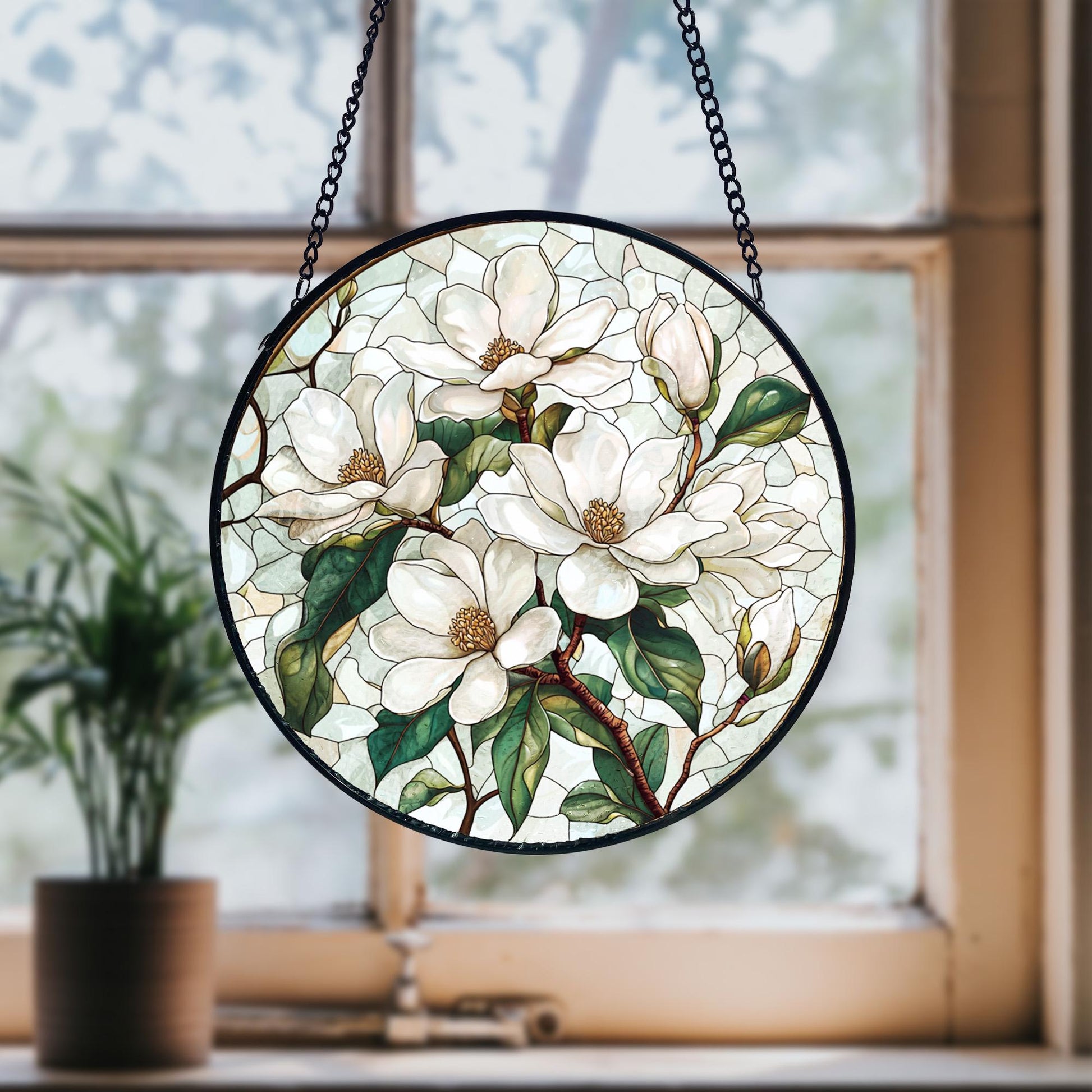 Handmade Stained Glass White Magnolia Suncatcher_ Floral Window Hanging, Handcrafted Stained Glass Suncatcher, Vibrant Window Art Panel, Sunlit Light Catcher Decoration, Boho Room Decor, Gift for Home Lovers