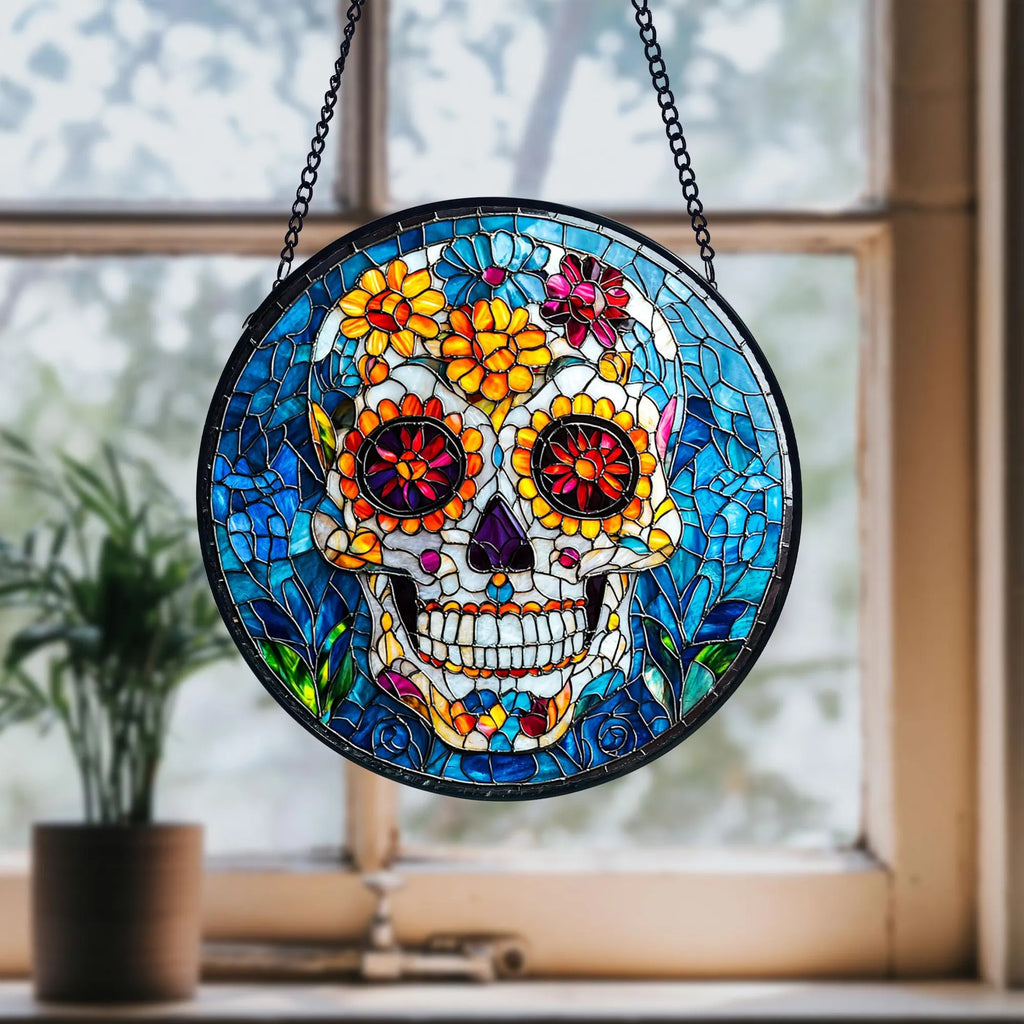 Sugar Skull Stained Glass Suncatcher, Dia De Los Muertos Decor, Acrylic Stained Glass Clover Suncatcher, Lucky Window Hanging, Boho Green Ornament, Unique Artisan Home Decor