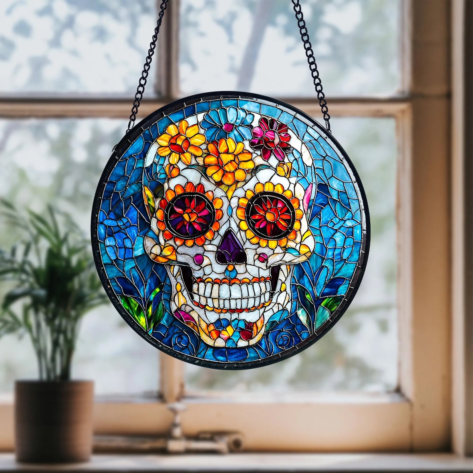 Sugar Skull Stained Glass Suncatcher, Dia De Los Muertos Decor, Acrylic Stained Glass Clover Suncatcher, Lucky Window Hanging, Boho Green Ornament, Unique Artisan Home Decor