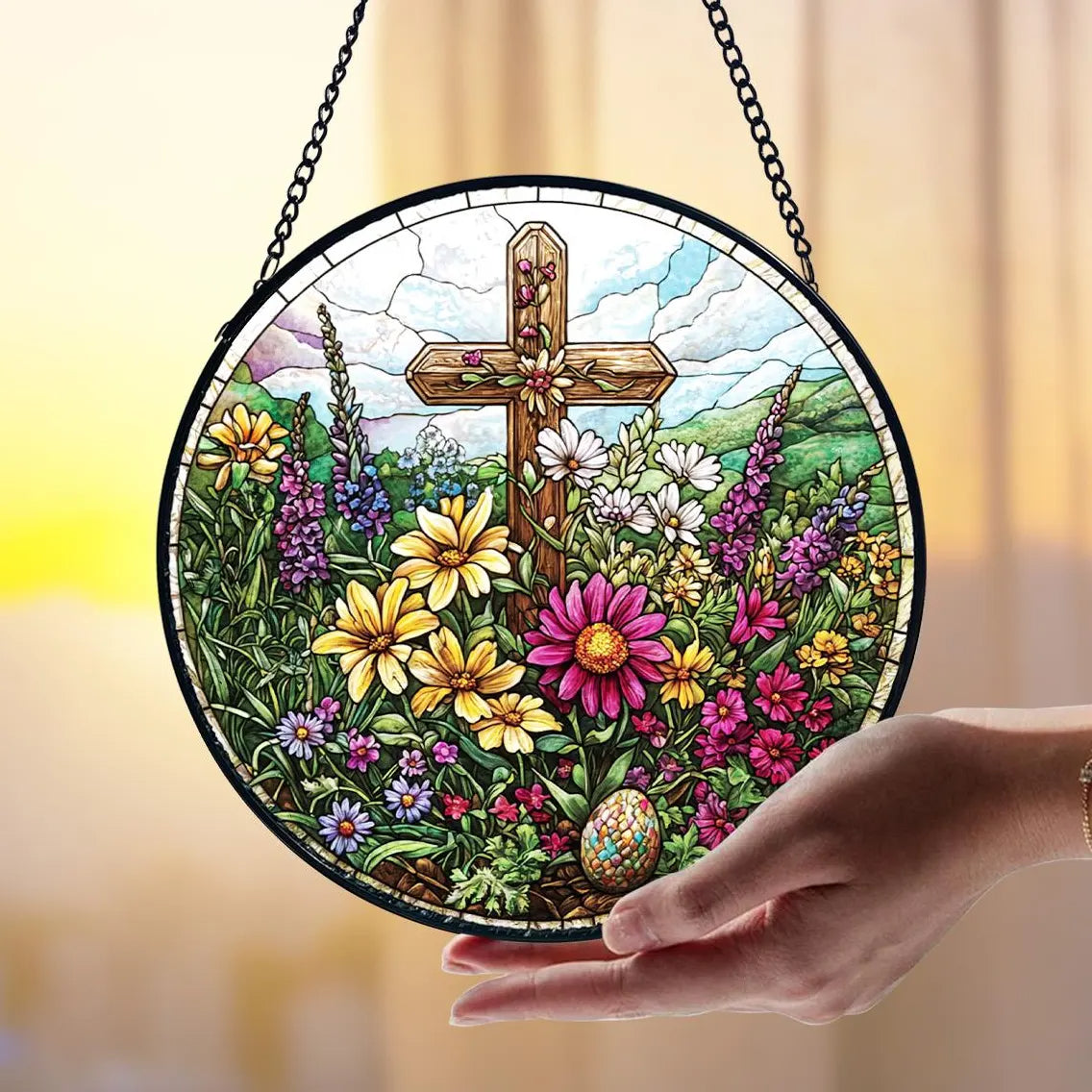 Handmade Easter Cross Stained Glass Suncatcher_ Floral Christian Decor, Stained Glass Suncatcher Window Hanging, Handmade Glass Art Decor, Colorful Sun Catcher Ornament, Boho Window Decoration, Unique Gift