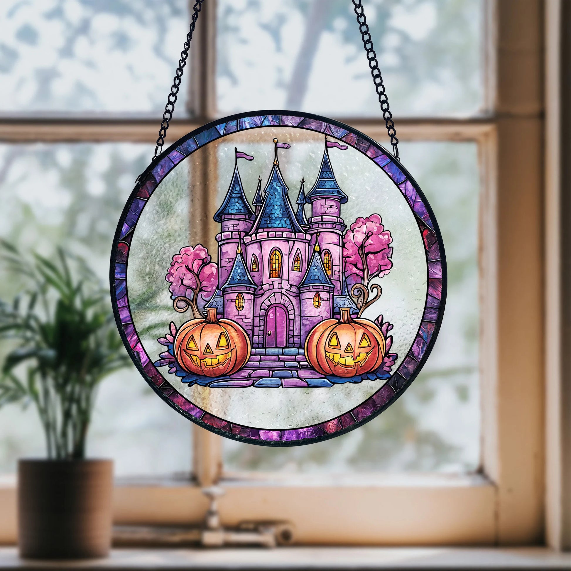 Pink Halloween Stained Glass Suncatcher, Castle Pumpkin Window Hanging, Artistic Stained Glass Acrylic Panel, Window Light Catcher Hanging, Colorful Home Decor Accent, Handmade Gift for Any Occasion