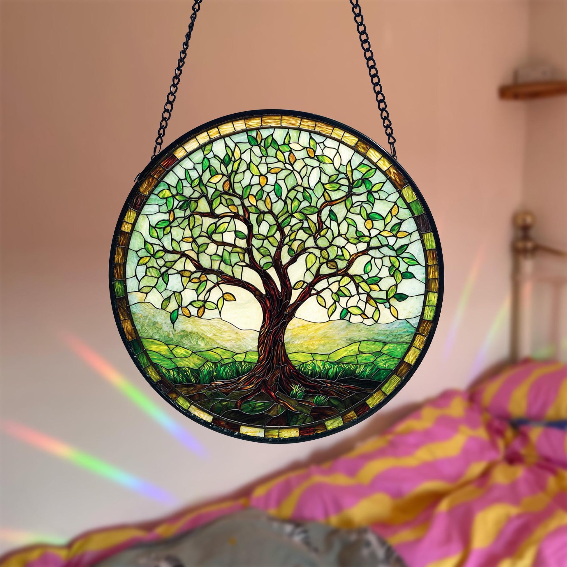 Handmade Tree of Life Stained Glass Window Hanging_ Nature Decor, Handcrafted Stained Glass Suncatcher, Vibrant Window Art Panel, Sunlit Light Catcher Decoration, Boho Room Decor, Gift for Home Lovers