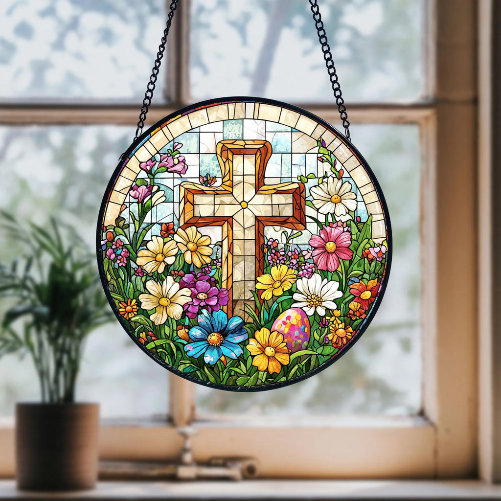 Stained Glass Cross Suncatcher_ Wildflower Christian Decor, Stained Glass Style Clover Window Suncatcher, Acrylic Lucky Hanging Decor, Four Leaf Sun Catcher, Green Home Ornament