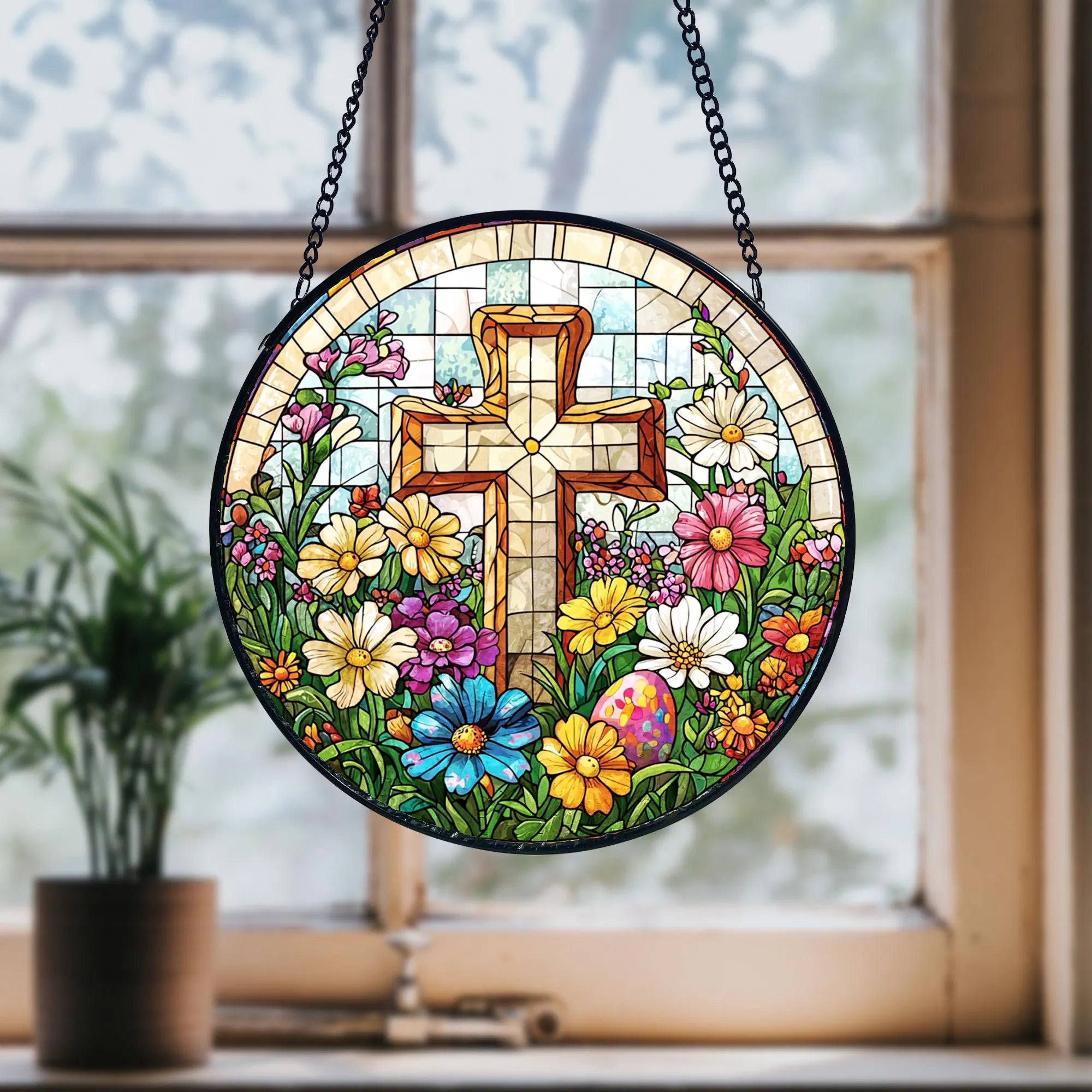 Stained Glass Cross Suncatcher_ Wildflower Christian Decor, Stained Glass Style Clover Window Suncatcher, Acrylic Lucky Hanging Decor, Four Leaf Sun Catcher, Green Home Ornament