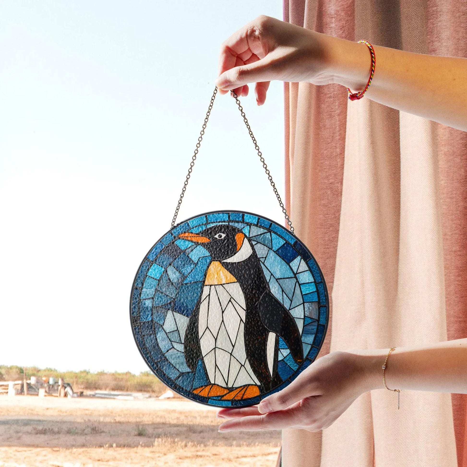 Penguin Stained Glass Window Hanging - Vibrant Antarctic Art Decor, Acrylic Stained Glass Decoration, Handmade Window Suncatcher Ornament, Boho Light Catcher Gift