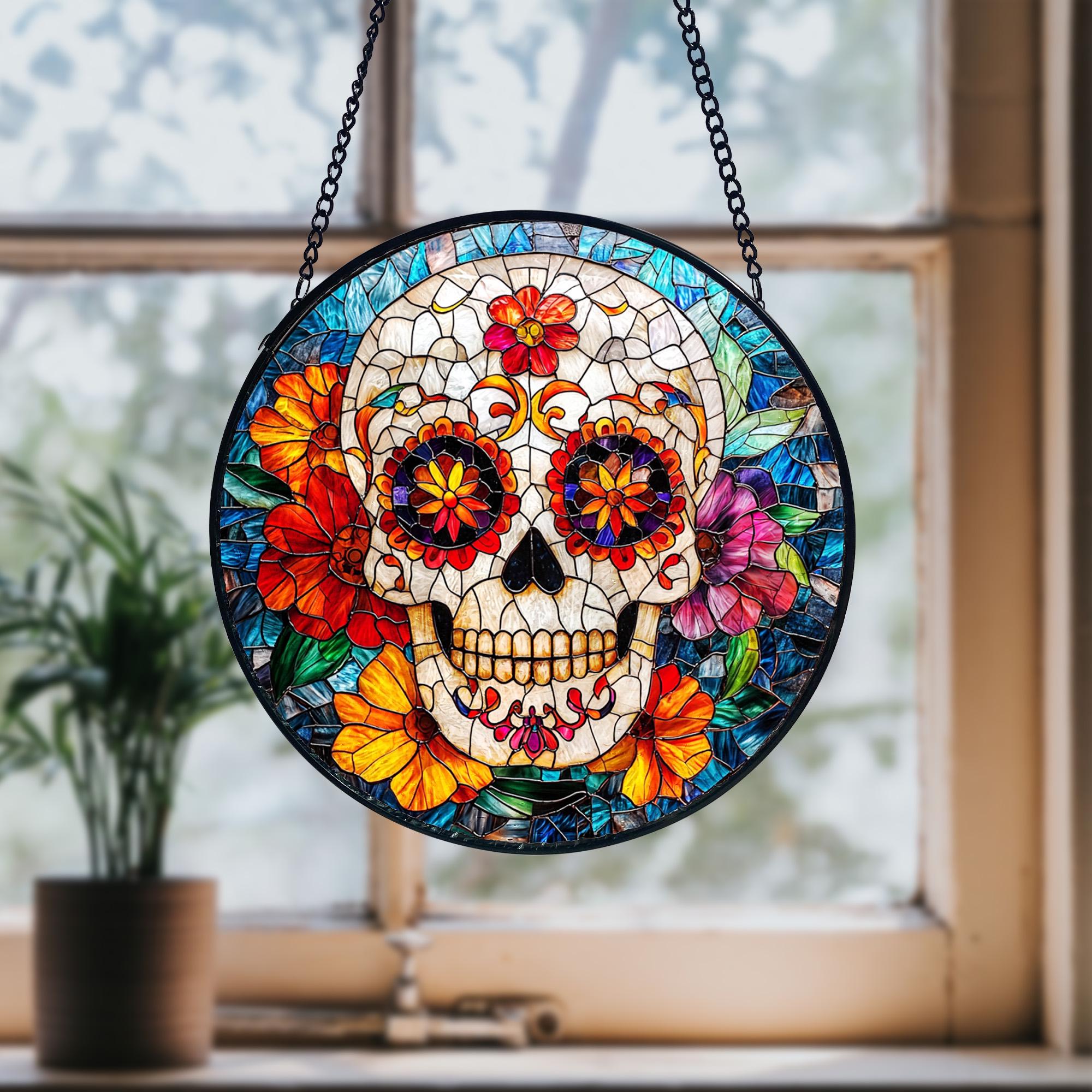 Sugar Skull Stained Glass Window Hanging_ Dia De Los Muertos Decor, Acrylic Stained Glass Clover Suncatcher, Lucky Window Hanging, Boho Green Ornament, Unique Artisan Home Decor