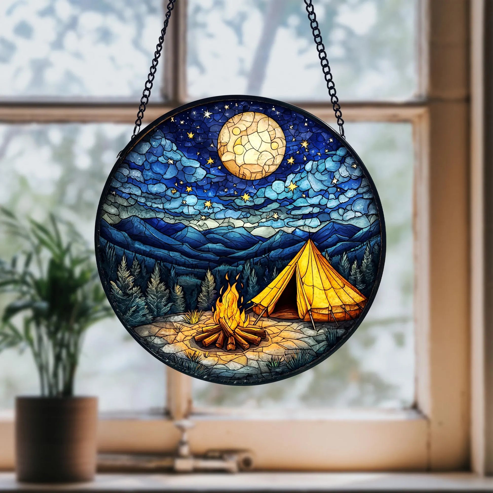 Starry Campfire Stained Glass Suncatcher_ Handmade Rustic Decor, Acrylic Stained Glass Clover Suncatcher, Lucky Window Hanging, Boho Green Ornament, Unique Artisan Home Decor