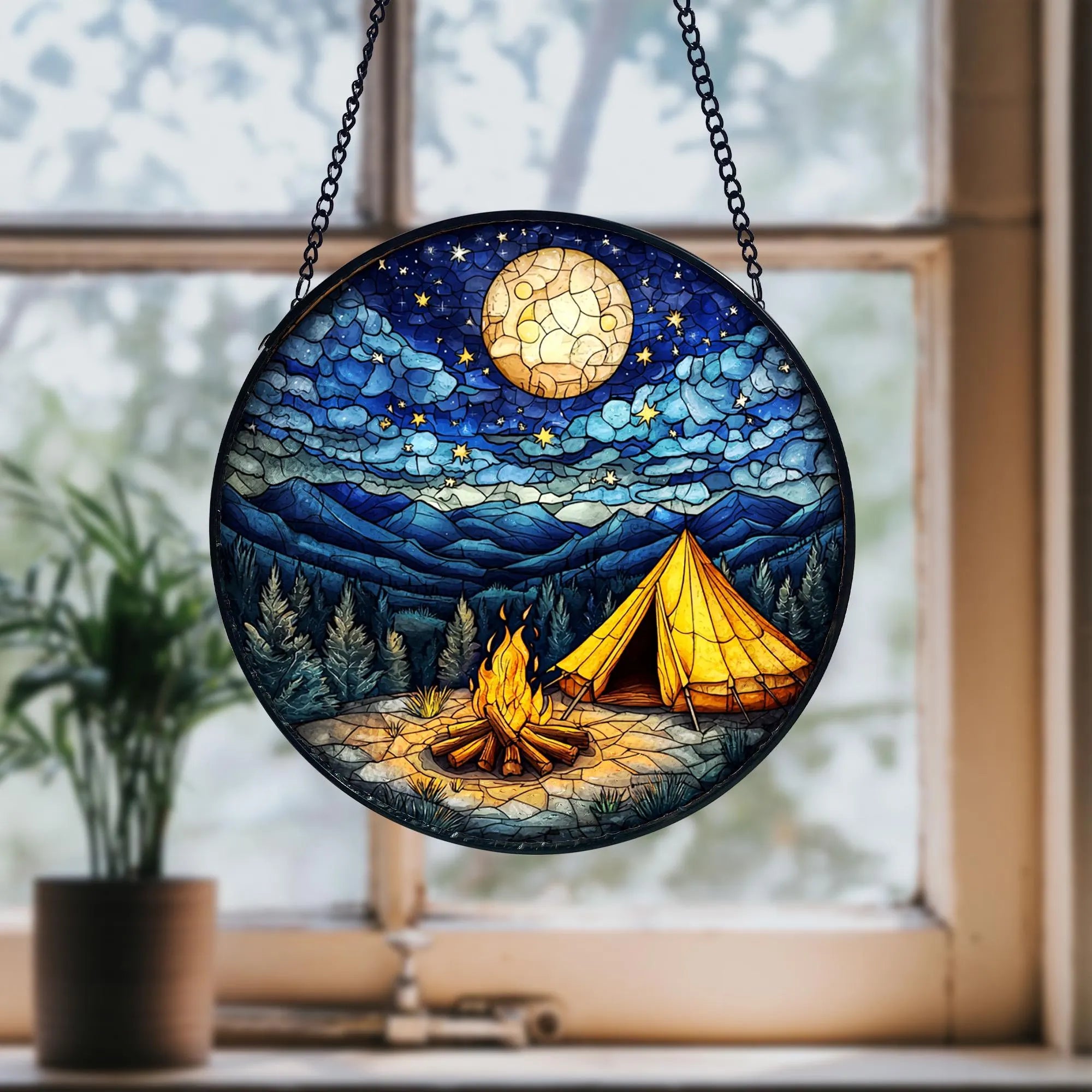 Starry Campfire Stained Glass Suncatcher_ Handmade Rustic Decor, Acrylic Stained Glass Clover Suncatcher, Lucky Window Hanging, Boho Green Ornament, Unique Artisan Home Decor