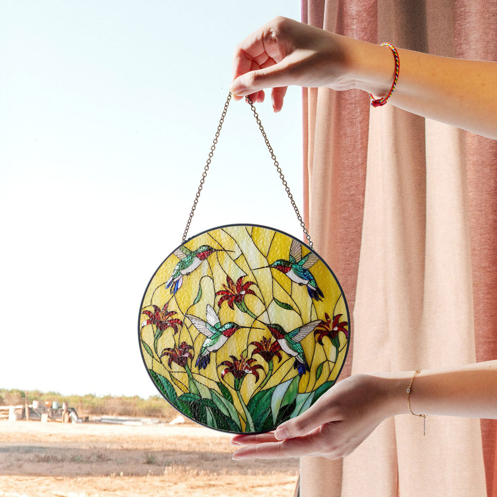 Stained Glass Hummingbird Suncatcher With Red Lilies - Elegant Window Hanging Art Decor, Stained Glass Style Window Decor, Acrylic Hanging Suncatcher, Sunlit Light Catcher, Unique Artisan Gift