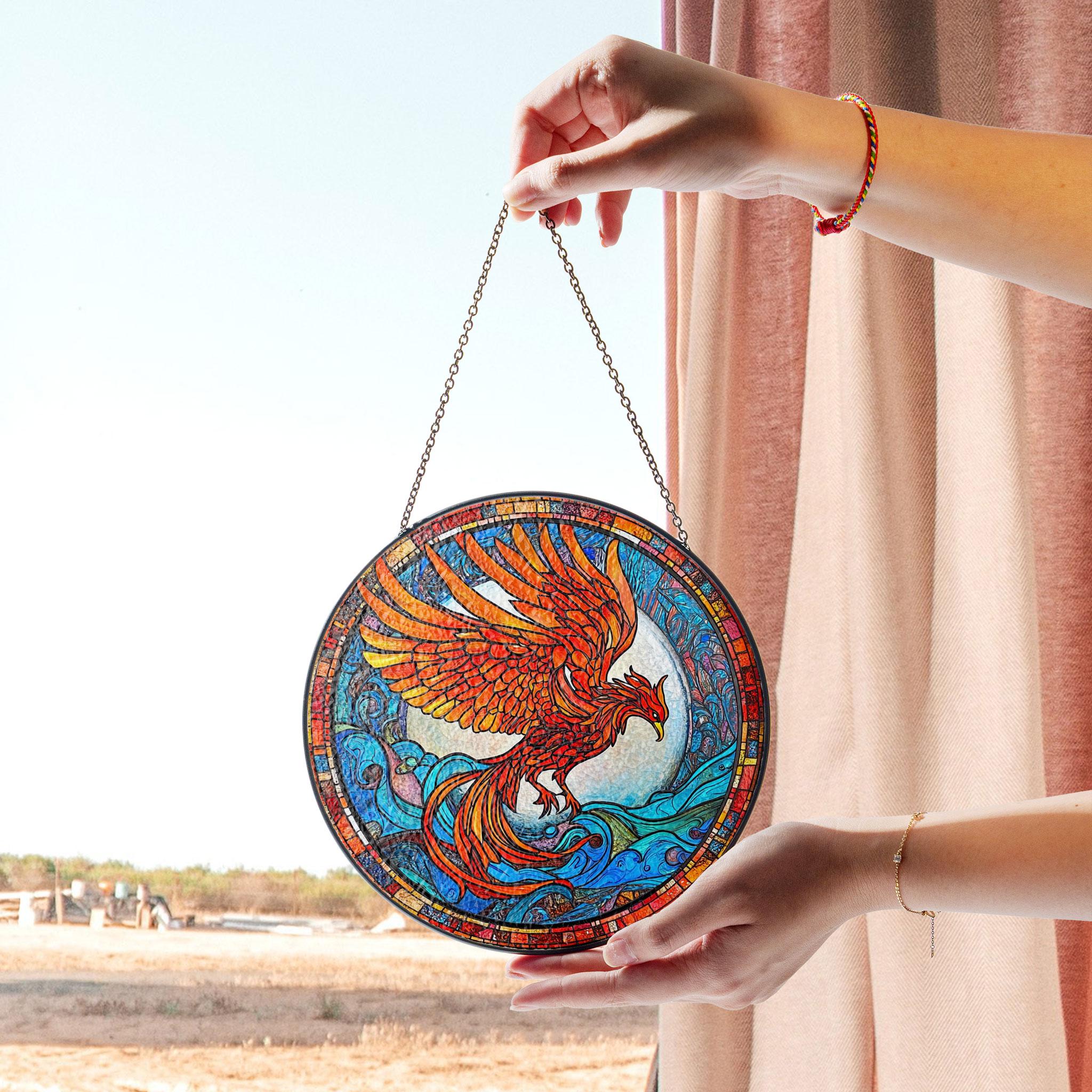 Fiery Phoenix Stained Glass Window Hanging, Majestic Art for Home Decor , Acrylic Hanging Sun Catcher for Windows, Stained Glass Look Decor, Artistic Home Accent