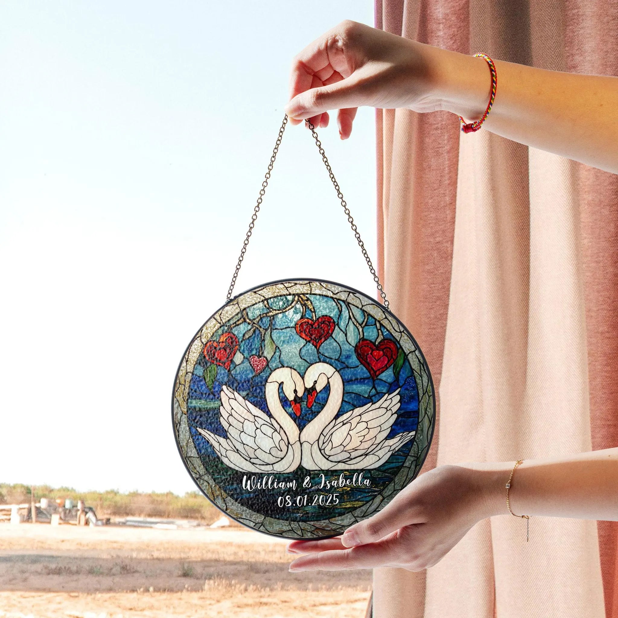 Elegant Swan Couple Stained Glass Panel With Personalized Names and Heart Design, Perfect Valentine's Day, Wedding, or Anniversary Gift, Acrylic Stained Glass Decoration, Handmade Window Suncatcher Ornament, Boho Light Catcher Gift