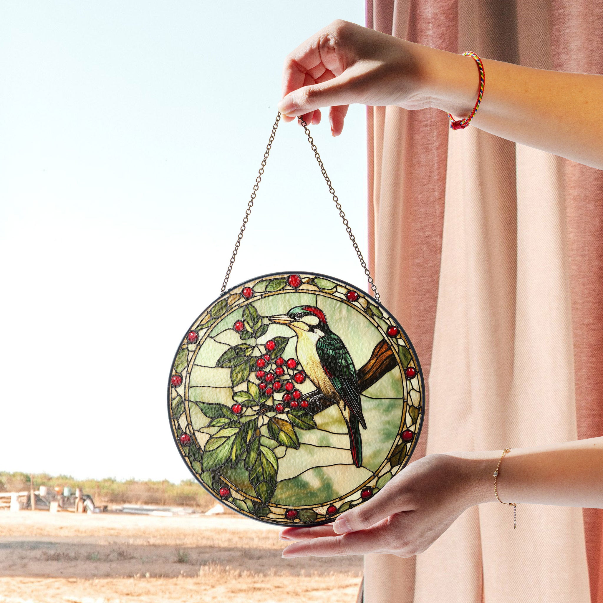 Stained Glass Woodpecker and Berry Branch Window Hanging, Elegant Nature-inspired Decor,Acrylic Boho Window Suncatcher, Stained Glass Look Panel, Artistic Light Catcher, Handmade Home Accent