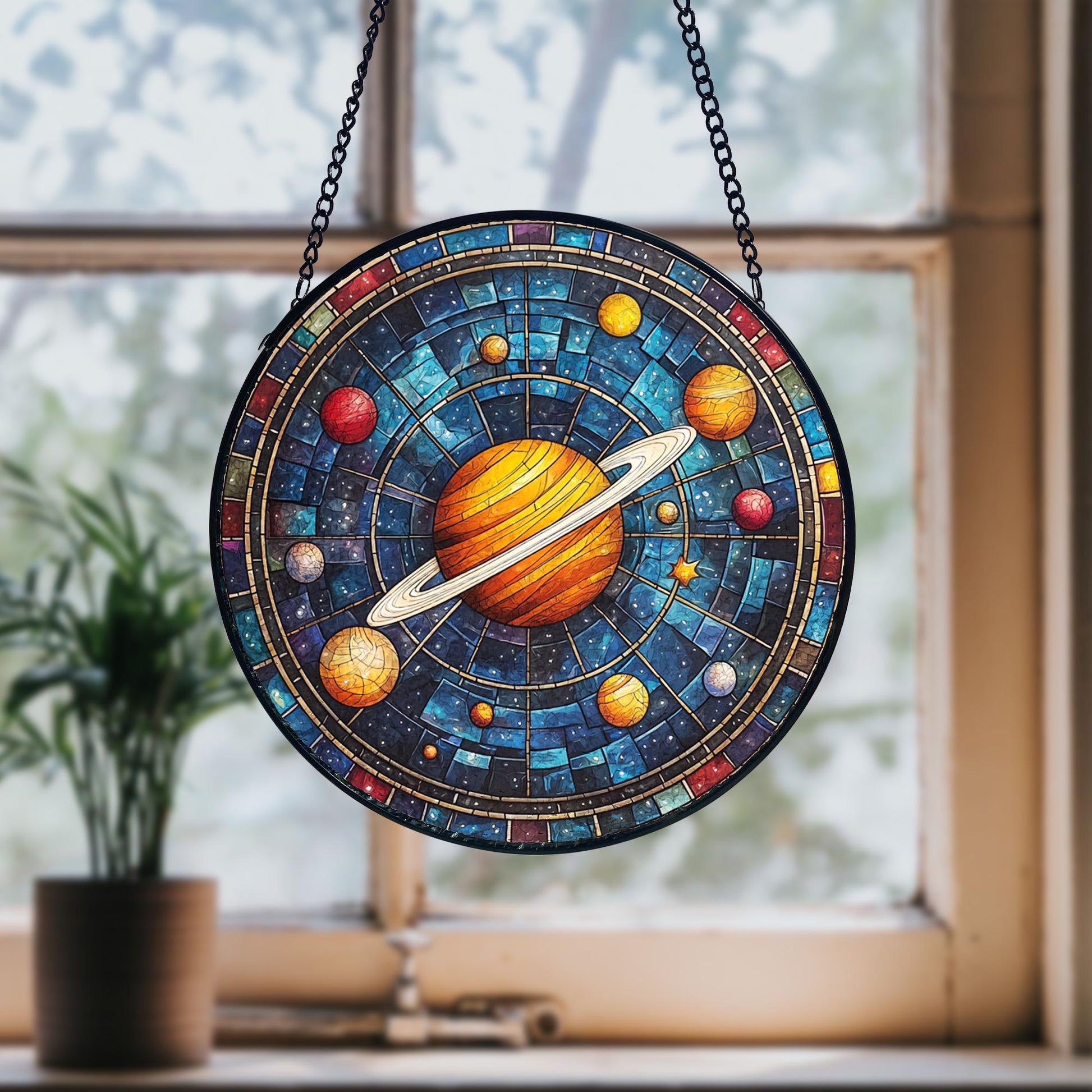 Solar System Stained Glass Suncatcher_ Handmade Galaxy Window Hanging, Stained Glass Style Clover Suncatcher, Acrylic Window Hanging Decor, Four Leaf Lucky Ornament, Green Sun Catcher Panel, Unique Home Gift