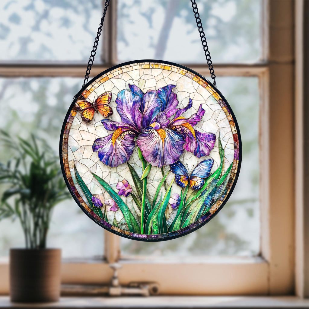 Handcrafted Purple Iris Stained Glass Suncatcher_ Floral Window Decor, Boho Window Decoration, Unique Gift