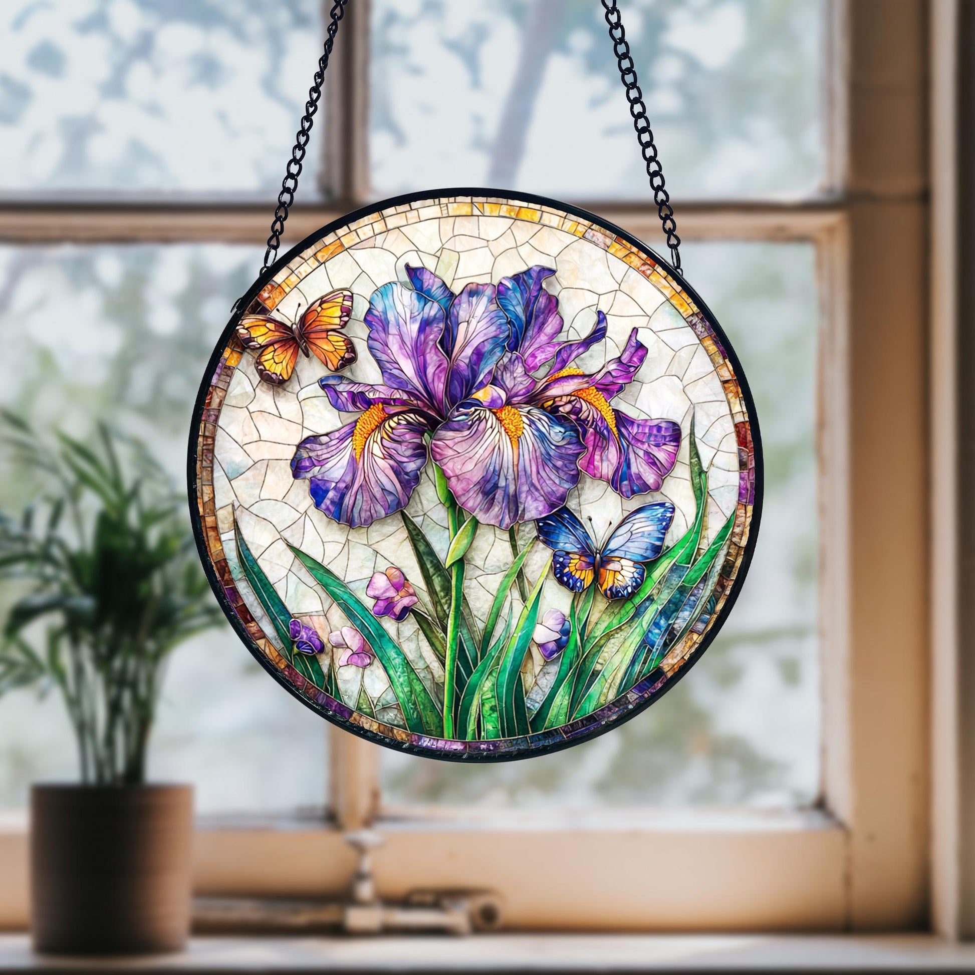 Handcrafted Purple Iris Stained Glass Suncatcher_ Floral Window Decor, Boho Window Decoration, Unique Gift