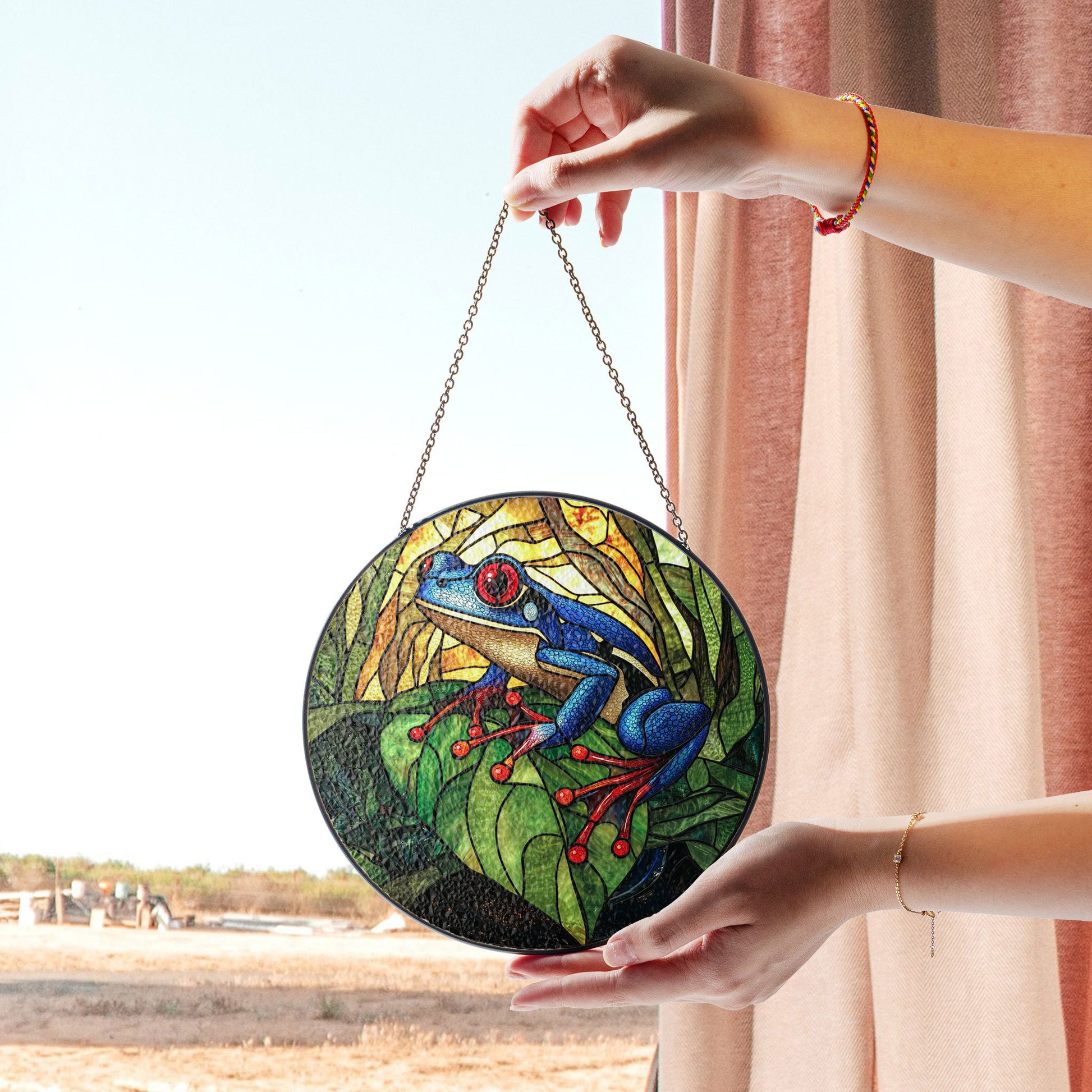 Tree Frog Stained Glass Window Hanging - Vibrant Jungle Suncatcher, Acrylic Stained Glass Style Sun Catcher, Handmade Decorative Window Hanging, Vibrant Home Ornament, Stained Glass Window Art, Sunlit Home Accent Gift