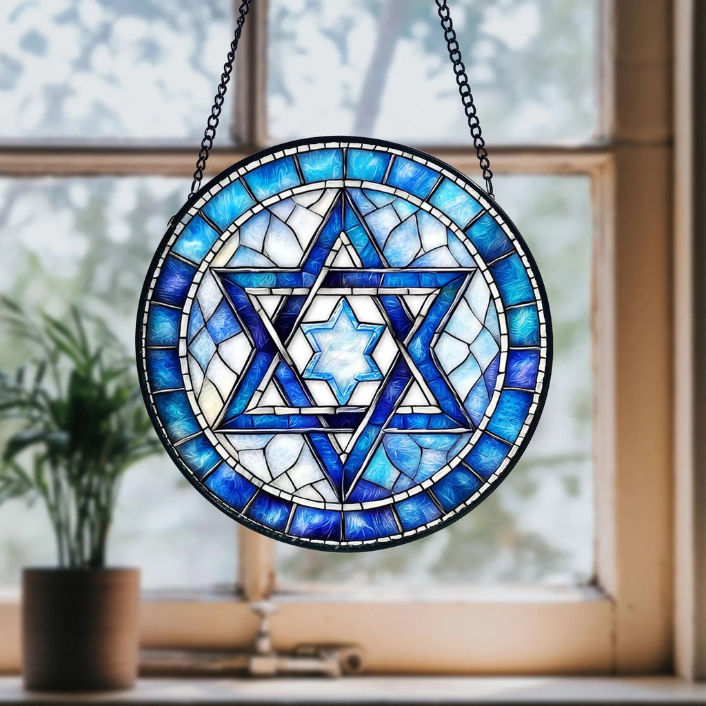 Handmade Star of David Stained Glass Ornament_ Jewish Decor, Handcrafted Stained Glass Suncatcher, Vibrant Window Art Panel, Sunlit Light Catcher Decoration, Boho Room Decor, Gift for Home Lovers