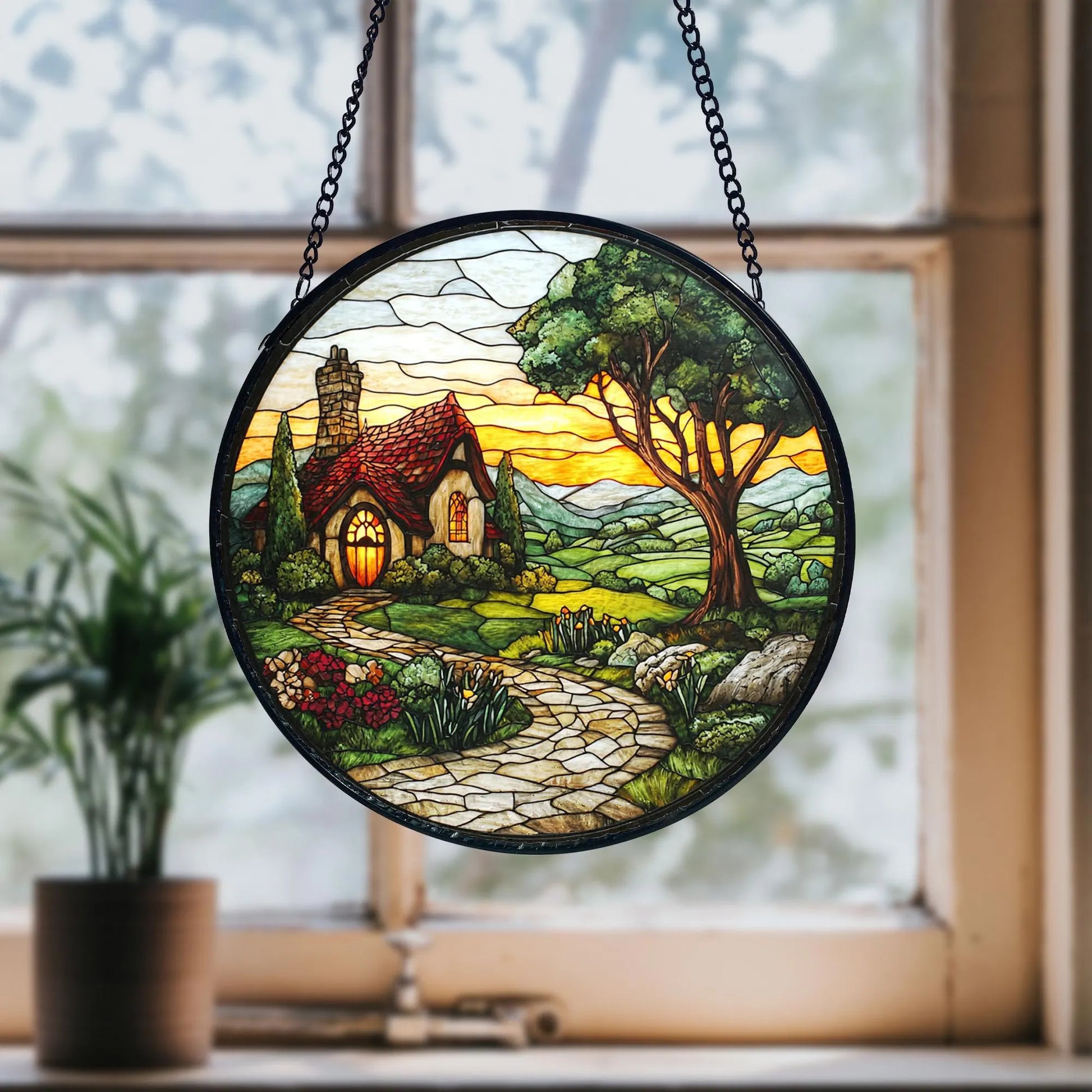 Mushroom Stained Glass Suncatcher_ Sunset Window Hanging Art, Artistic Stained Glass Acrylic Panel, Window Light Catcher Hanging, Colorful Home Decor Accent, Handmade Gift for Any Occasion