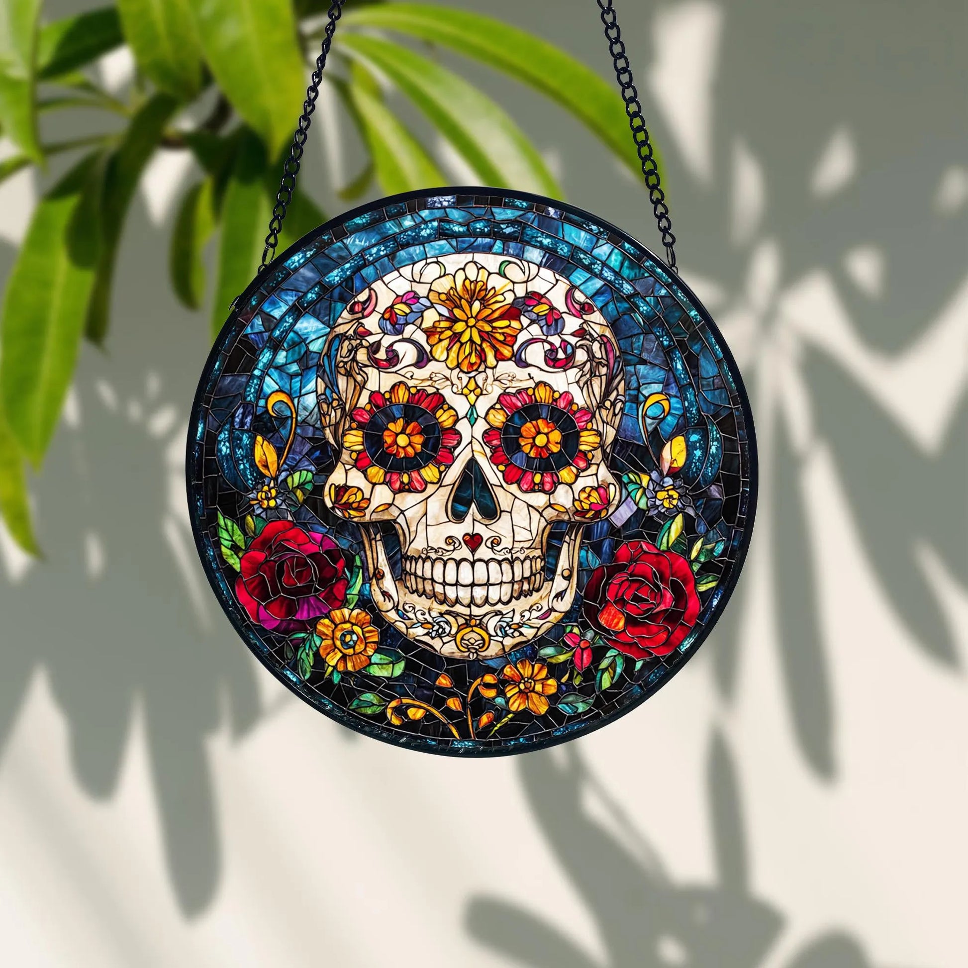 Stained Glass Style Sugar Skull Ornament, Sugar Skull Acrylic Window Hanging, Colorful Day of the Dead Decor, Sugar Skull Suncatcher Gifts, Acrylic Stained Glass Clover Suncatcher, Lucky Window Hanging, Boho Green Ornament, Unique Artisan Home Decor