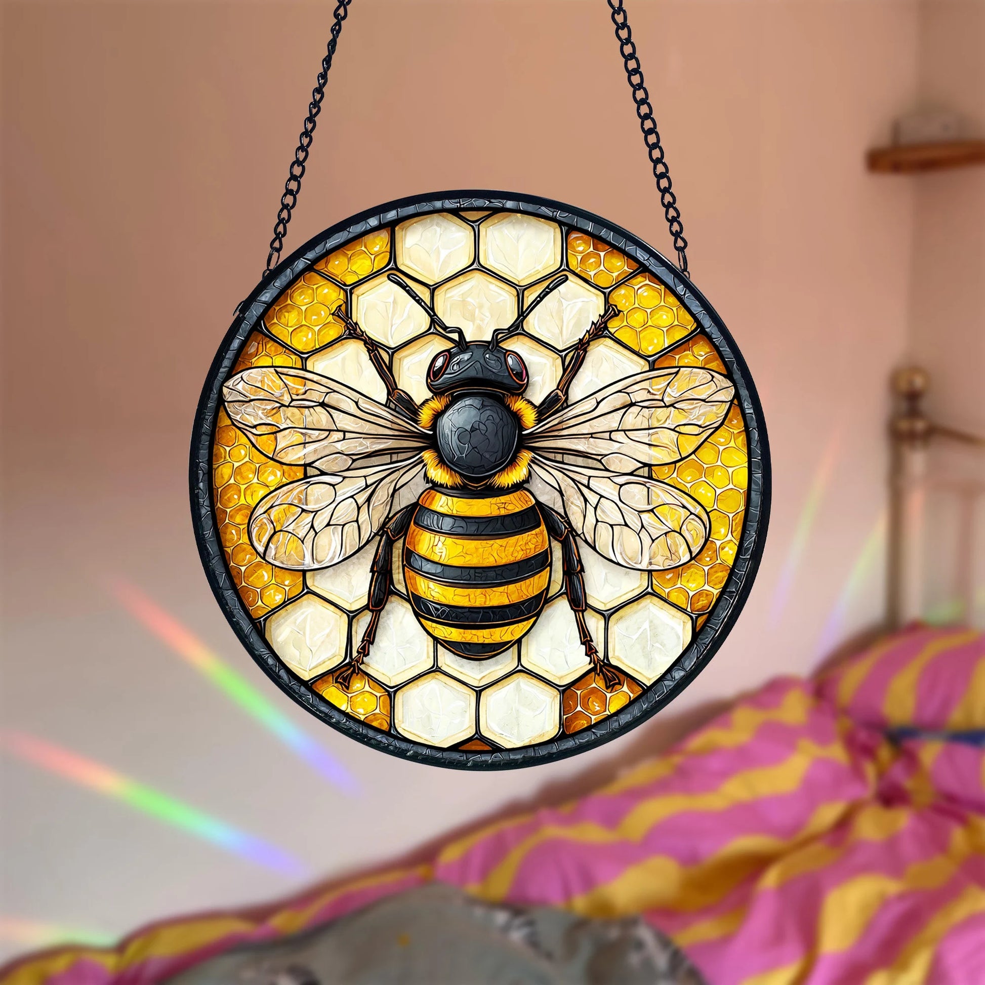 Honeycomb Stained Glass Suncatcher_ Bee & Flower Window Hanging, Handcrafted Stained Glass Suncatcher, Vibrant Window Art Panel, Sunlit Light Catcher Decoration, Boho Room Decor, Gift for Home Lovers