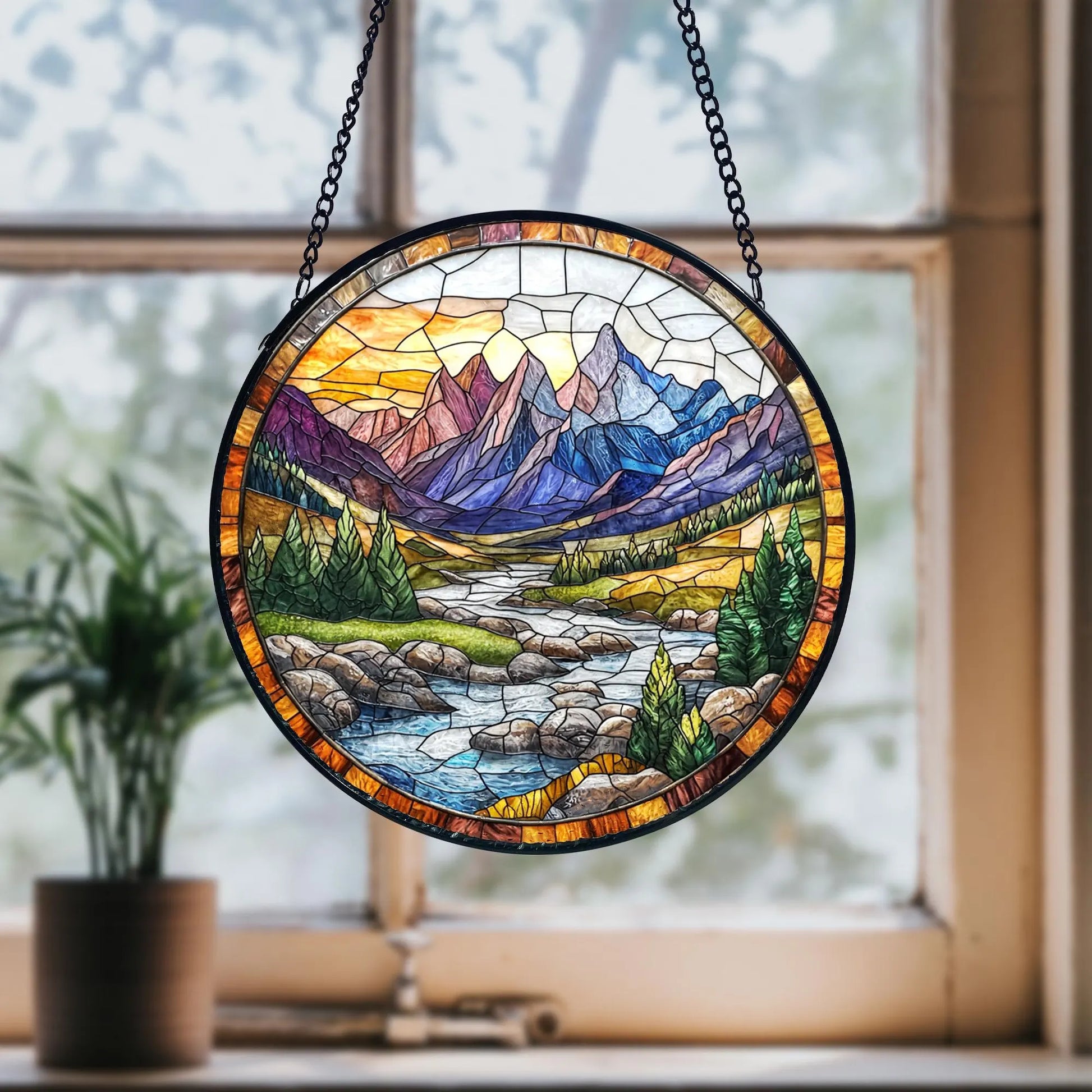Mountain River Stained Glass Suncatcher_ Handmade Nature Decor, Artistic Stained Glass Acrylic Panel, Window Light Catcher Hanging, Colorful Home Decor Accent, Handmade Gift for Any Occasion