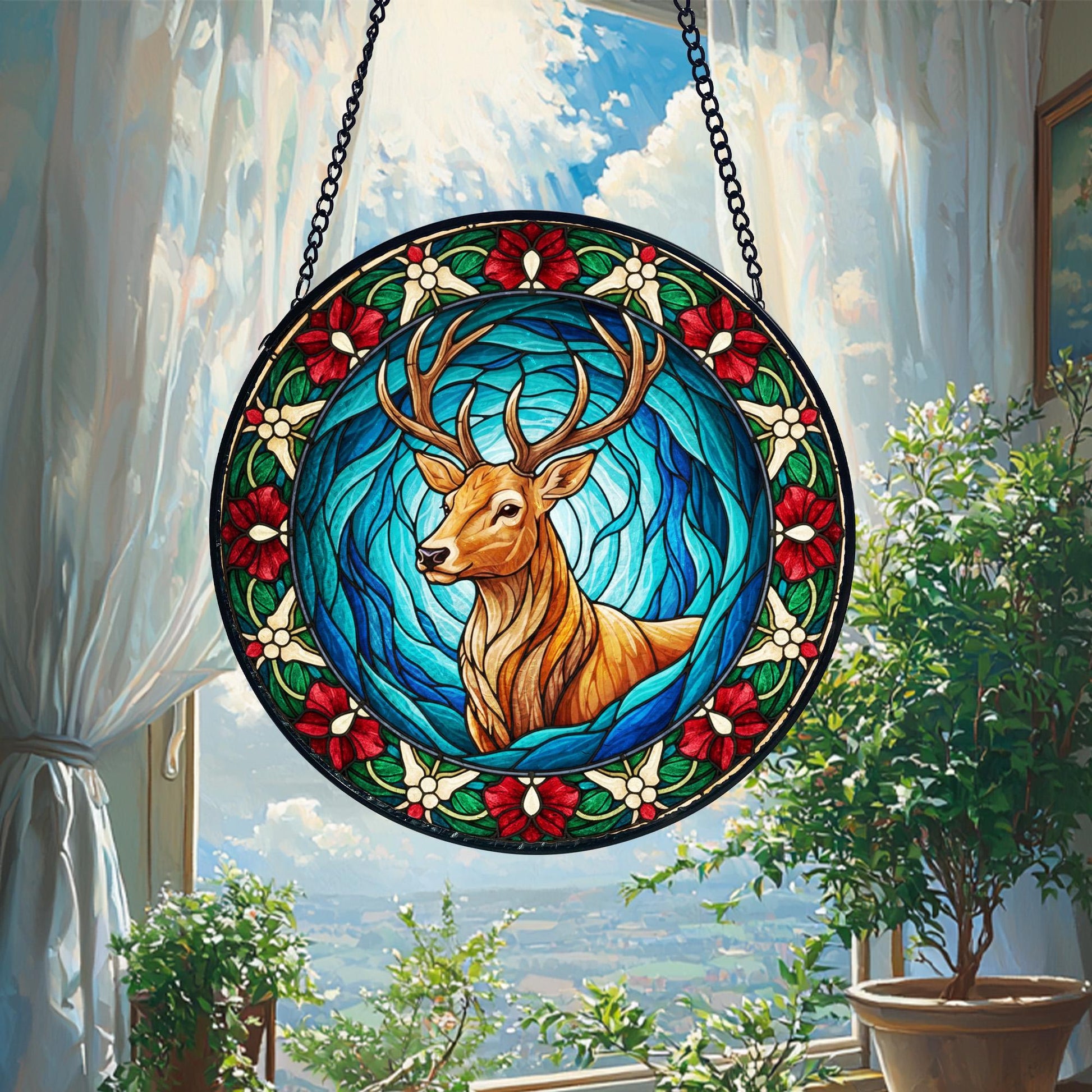 Stained Glass Style Deer Suncatcher, Holiday Home Decor, Stained Glass Style Clover Window Suncatcher, Acrylic Lucky Hanging Decor, Four Leaf Sun Catcher, Green Home Ornament