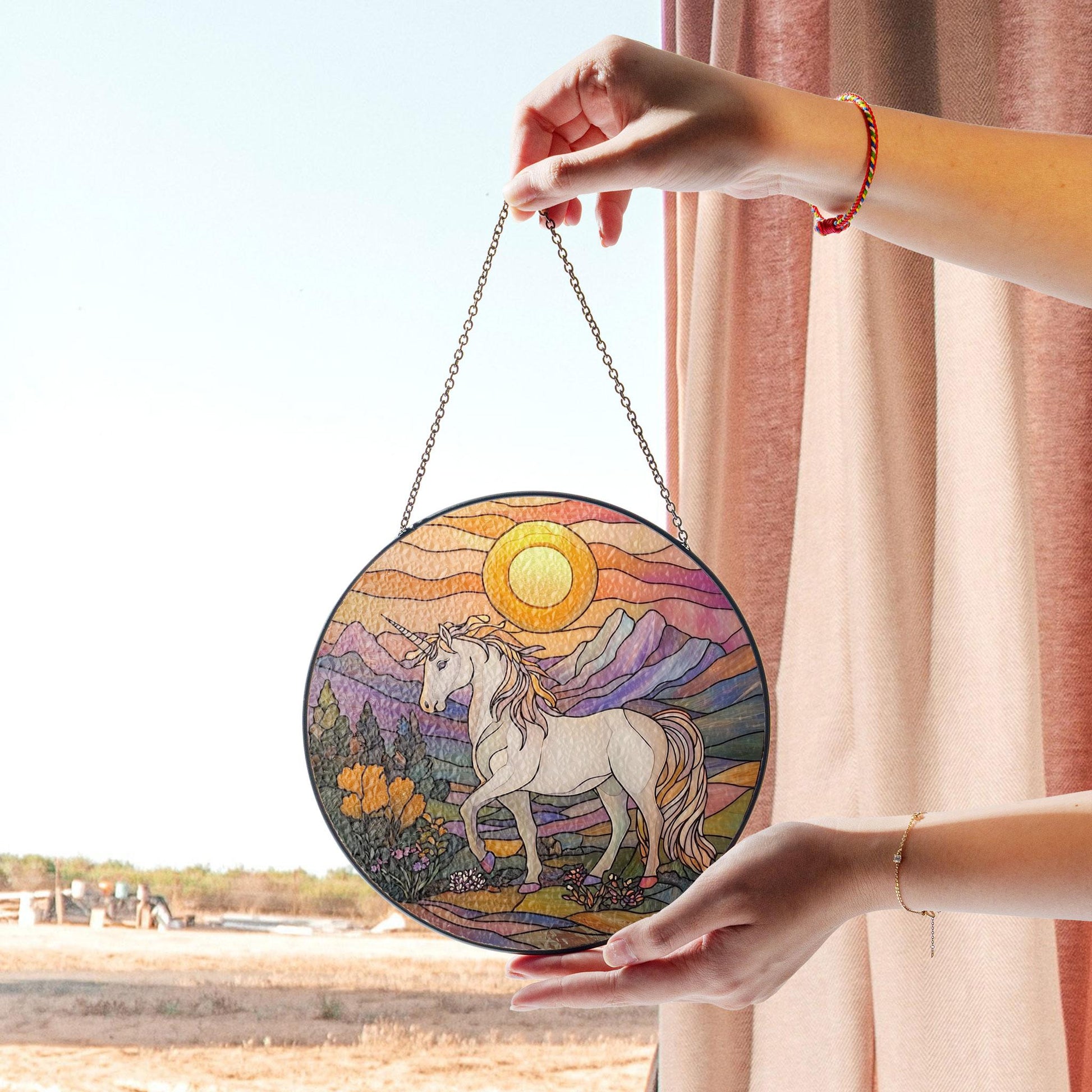 Unicorn Stained Glass Window Hanging - Magical Sunset Art Decor, Acrylic Boho Window Suncatcher, Stained Glass Look Panel, Artistic Light Catcher, Handmade Home Accent